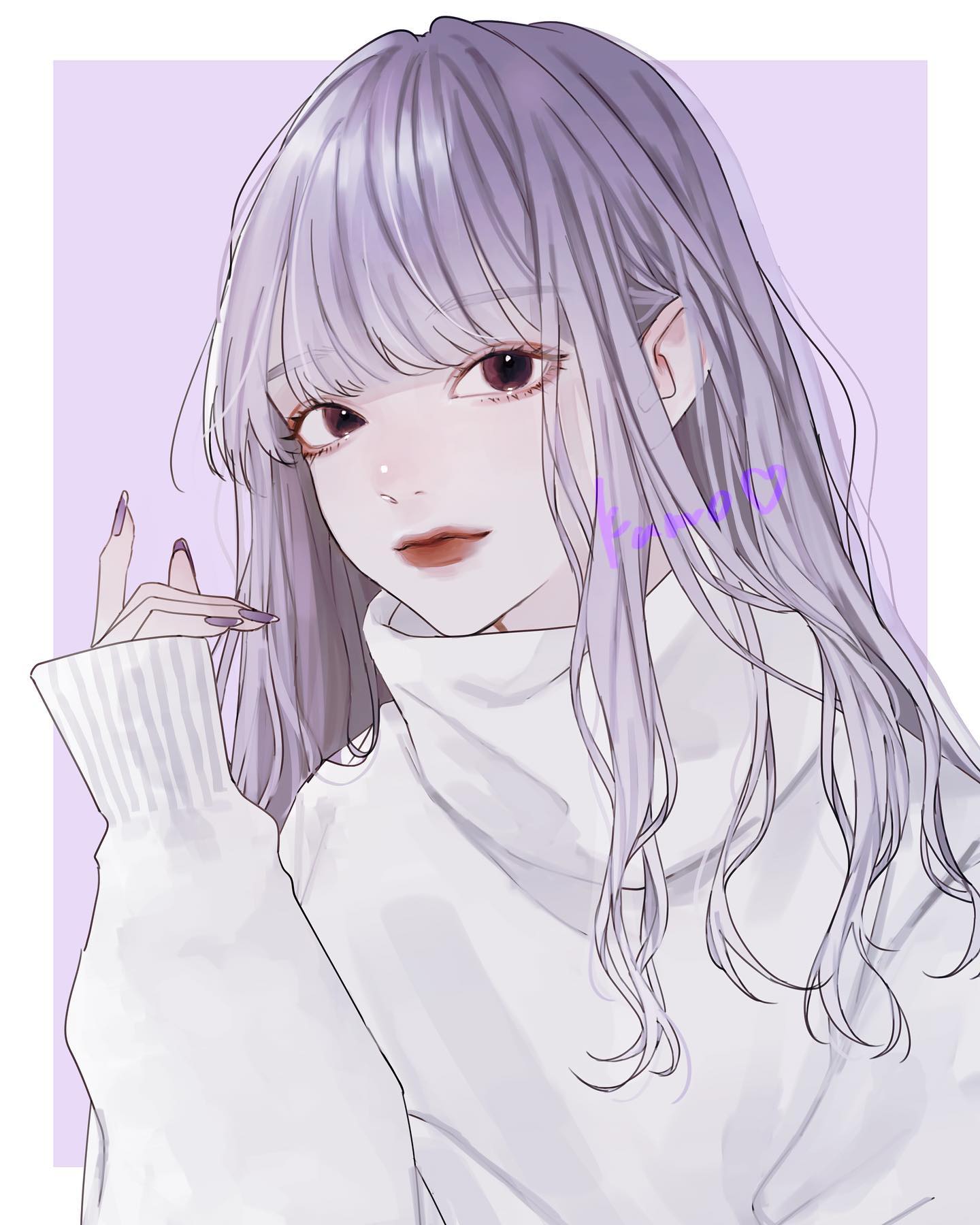 the image is a digital drawing of an animestyle girl. she has long, wavy, light purple hair that falls past her shoulders. she's wearing a white turtleneck sweater. her expression is calm and gentle. the overall style is soft and pastel. the background is a light purple.  the girl is posing with one hand slightly raised.
