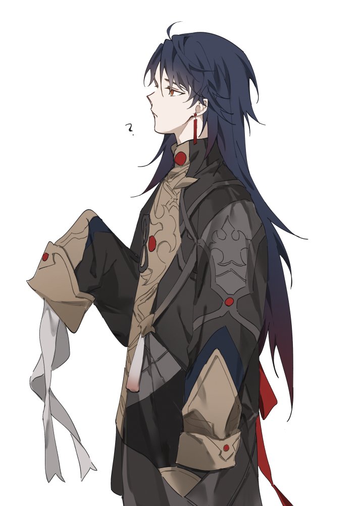 an anime male character with long black hair, red eyes, and red earrings is standing in a black outfit with gold accents. he is wearing a white ribbon and a white scarf, and has long white sleeves. he is also wearing a red sash and has white sleeves. he is standing in side view with his back to the camera and looking to his right. the background is white.