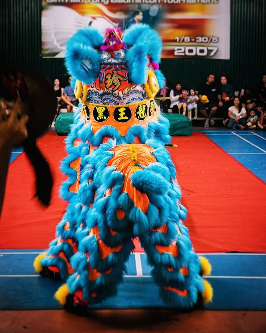 a brightly colored lion dance costume fills the frame. the costume is predominantly blue and orange with details in yellow, pink, and white.  the lion's fur is vibrant blue, and its body is adorned with intricate patterns and designs. the head of the lion is large and expressive, featuring piercing eyes, sharp teeth, and a flowing mane. it stands on a red carpet, likely part of a performance or cultural event. in the background, an audience watches from the sidelines of a gymnasium, indicating a lively and festive atmosphere. the image captures the energy and vibrancy of the lion dance tradition.