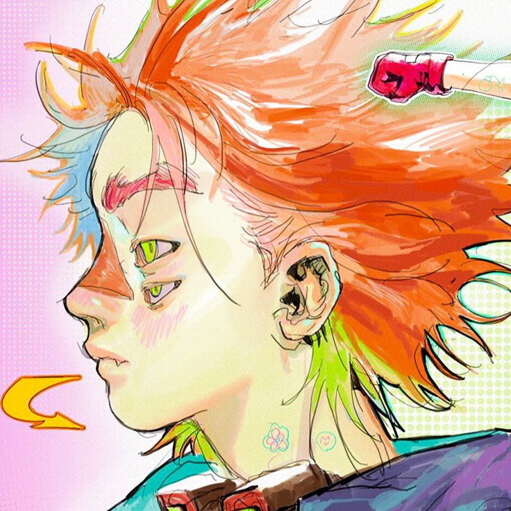 this is a closeup illustration of a person from a side view. the person has pink hair and striking yellow eyes. the art style is reminiscent of manga or anime. the illustration is brightly colored, suggesting a vibrant and energetic character.