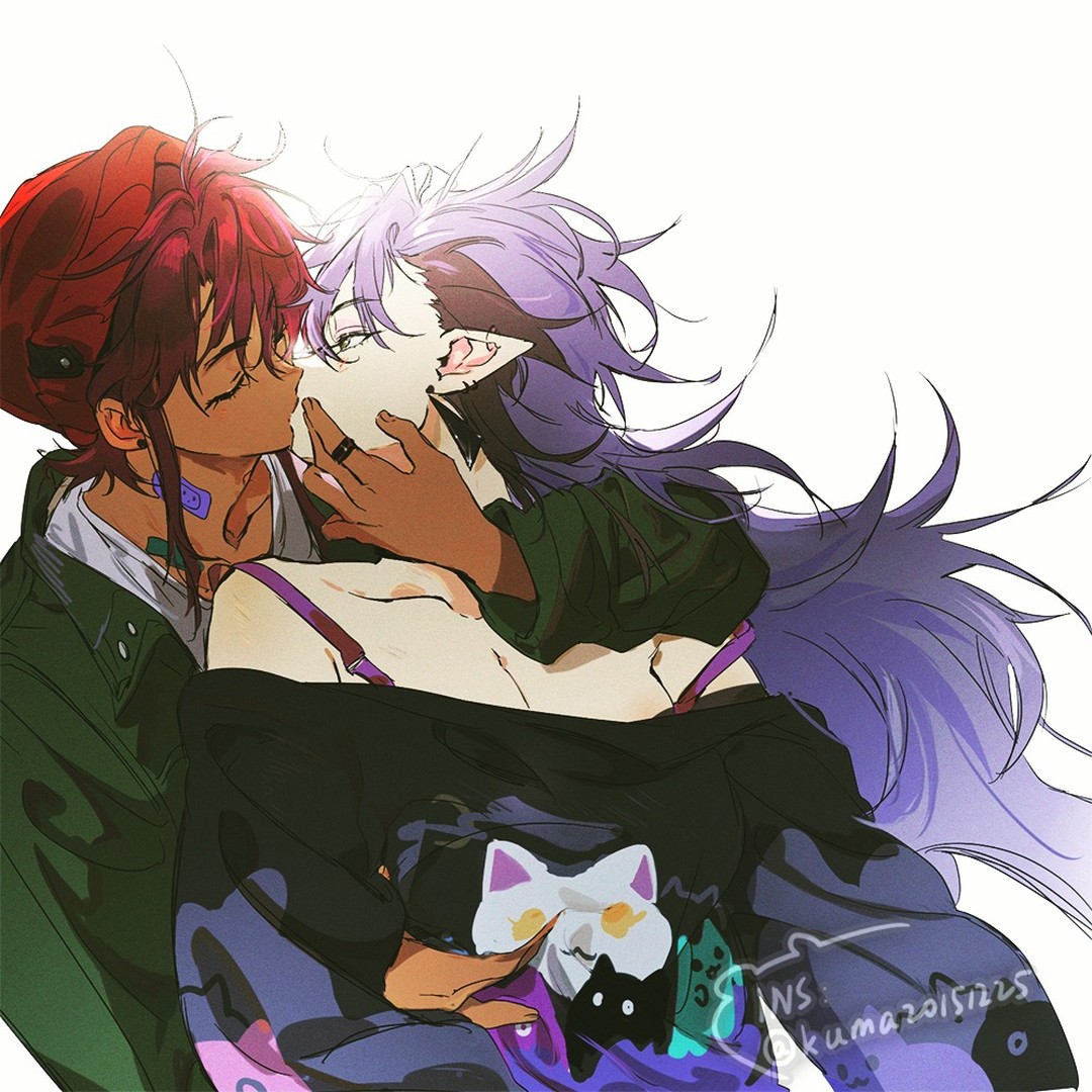 the image is a digital drawing in an anime/manga style depicting two girls intimately embracing and kissing.  the girl with long purple hair has lighter skin and wears a dark green jacket over a dark top and what appears to be a dark kimono. the girl with the long red hair has darker skin and is wearing a dark green jacket.  a small white and black cat plushie is visible on the purple haired girl's chest, partly obscured by their embrace.  the overall style is soft yet dramatic with a focus on the emotional connection between the two characters. the background is a light, almost faded white, emphasizing the figures in the foreground. the artwork displays a high level of detail in both the characters' features and their clothing.