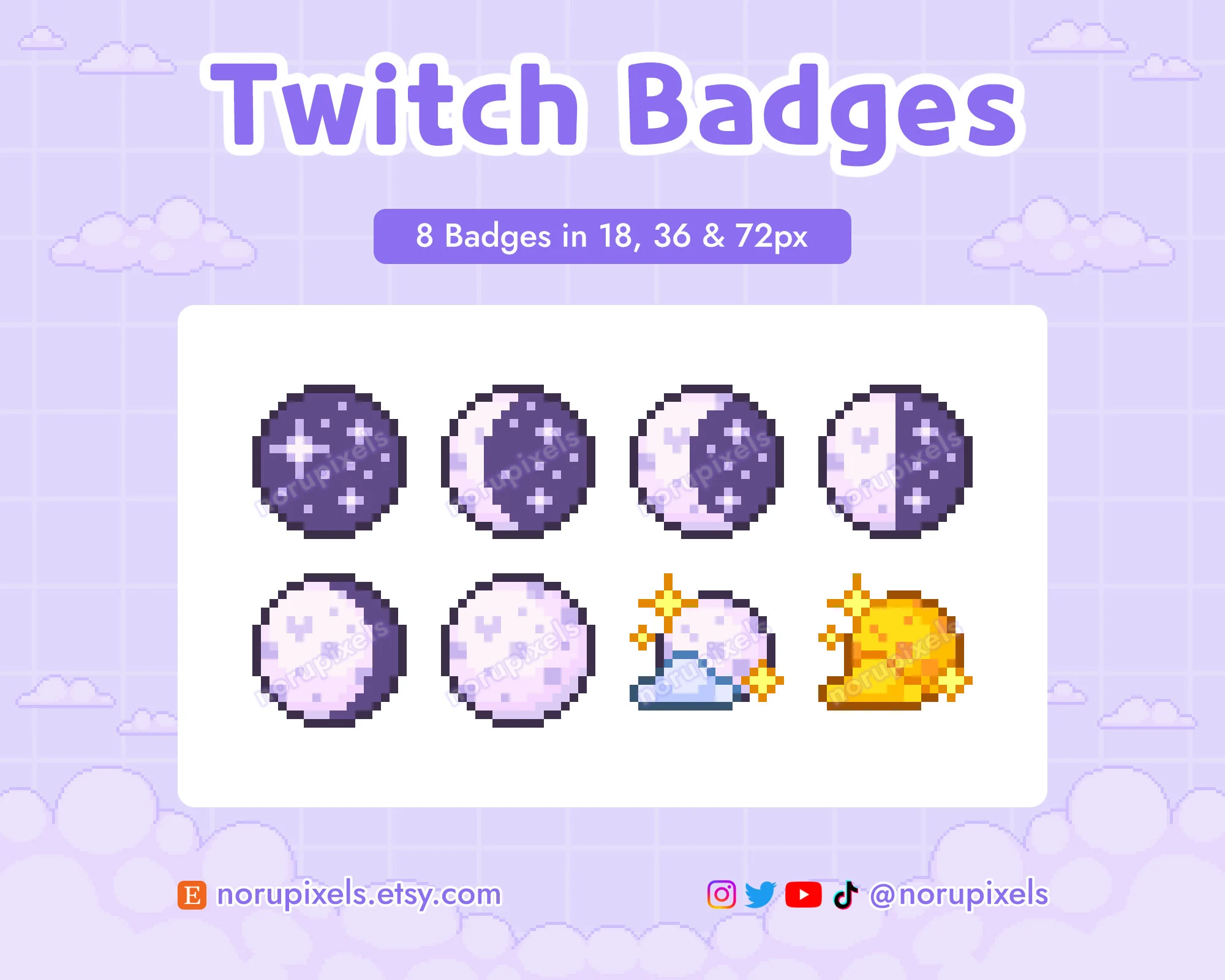 a set of eightbit twitch badges featuring moon phases in shades of purple. content: badgespeople: n/aenvironment: digitallighting: n/aperspective: frontfacingkw: twitch, badges, moon, phases, purple, pixel art, digital art, gaming, streaming, community, subscriber, loyalty, rewards, cute, aesthetic.