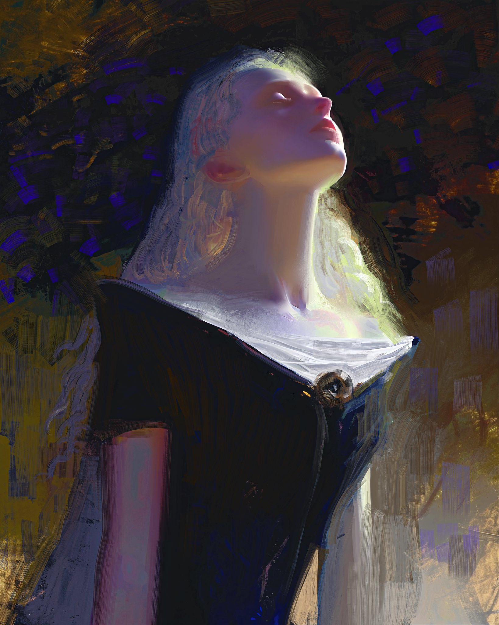 a woman with long blonde hair is depicted in a portrait painting. she is wearing a black dress with a white collar. her eyes are closed and she is looking up at the light. her face is glowing, as is her neck. the painting is done in a digital style, with loose brushstrokes. the background is a blur of colors, suggesting a scene of nature. the woman appears to be lost in thought or prayer.