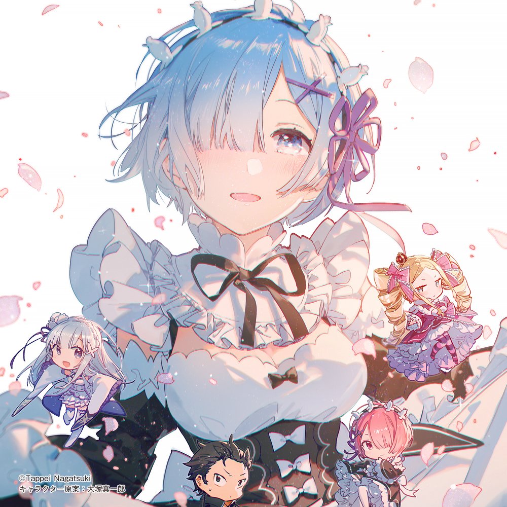 the image features a central figure of rem from the anime "re:zero," depicted in a maid outfit with light blue hair and a purple ribbon. she is smiling with a gentle expression. surrounding her are chibi versions of other characters from the series, including emilia, beatrice, ram, and subaru. flower petals are scattered around the characters. the image also contains a copyright notice at the bottom left corner.