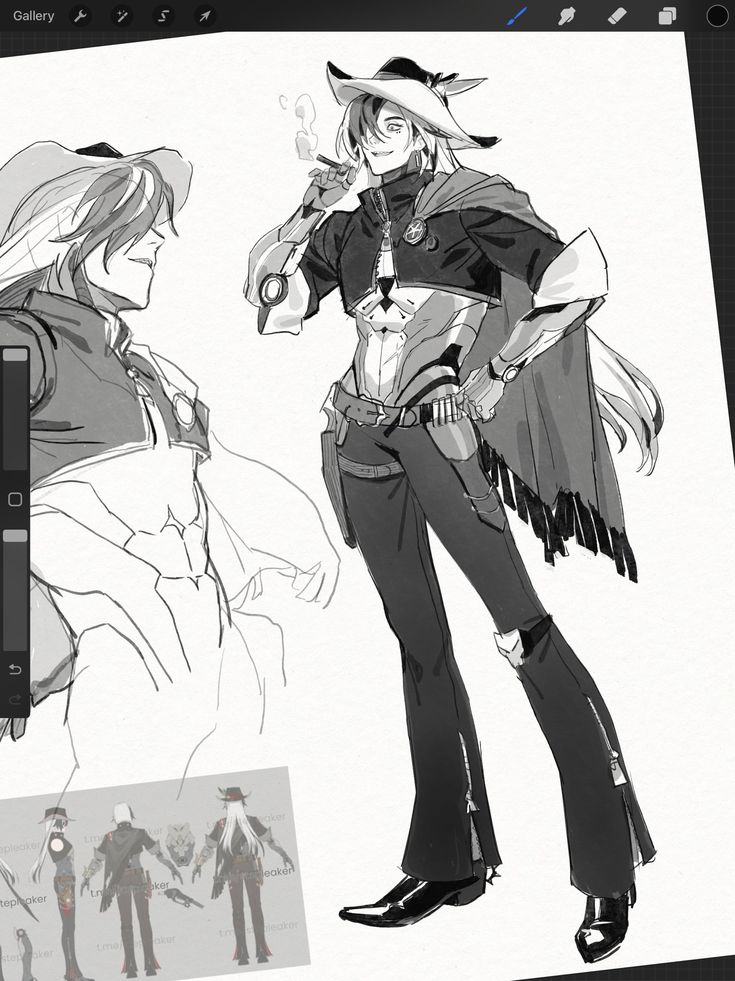 this is a digital drawing of an anime style character. it's a black and white sketch of a futuristic cowboy. the character is wearing a cowboy hat, a long coat, pants with a belt, boots, and a futuristic robot arm. the character also appears to be carrying a gun in a holster. the drawing is done on digital paper, with a digital pen. there is a reference image of the character below the drawing.  it is a detailed and wellexecuted sketch.