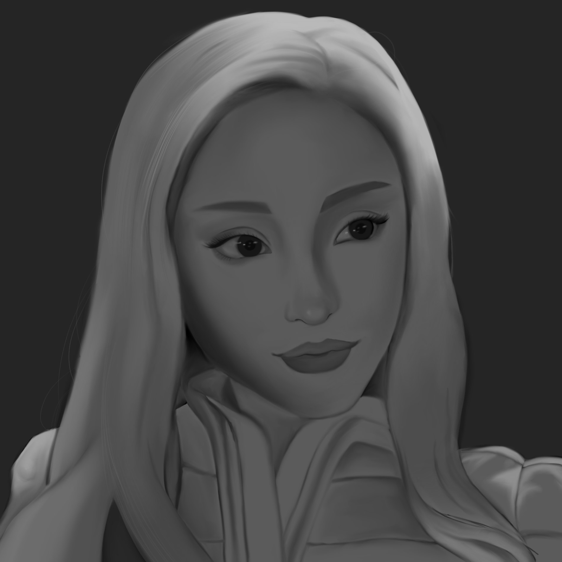 the image is a digital painting or illustration of a woman.  the style is realistic, yet stylized, with soft shading and lighting giving a painterly quality. the woman is depicted from the chest up, with long, flowing blonde hair that partially obscures her shoulders.  she has a serene yet slightly pensive expression, a subtle hint of a smile playing on her lips. the overall color palette is grayscale, creating a monochromatic effect. the lighting is soft and focused, creating gentle shadows and highlights that emphasize the woman's facial features and hair. the style suggests a fashion or beauty illustration.  the woman's appearance bears a resemblance to ariana grande, though it's a stylized artistic interpretation.