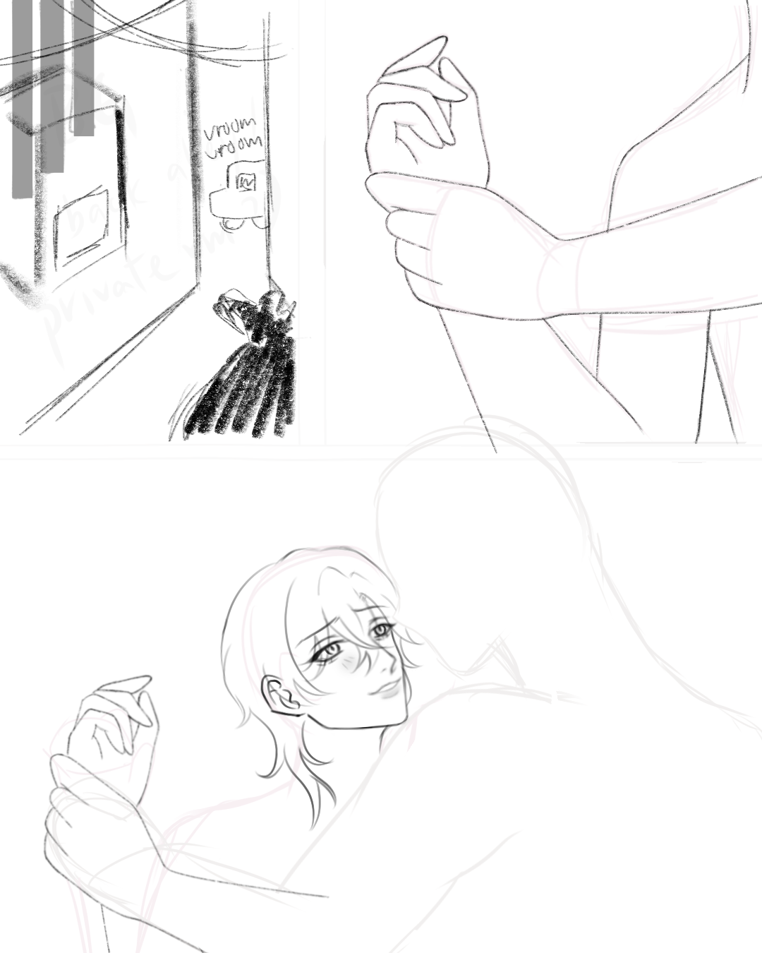a comicstyle artwork showing a love scene. the top left panel shows an alleyway with a car and a cloaked figure. the top right panel shows two hands intertwined. the bottom panel shows a man and a woman embracing. the man is looking up at the woman with a loving expression. the woman is only a blurred outline. the artwork is suggestive in nature.