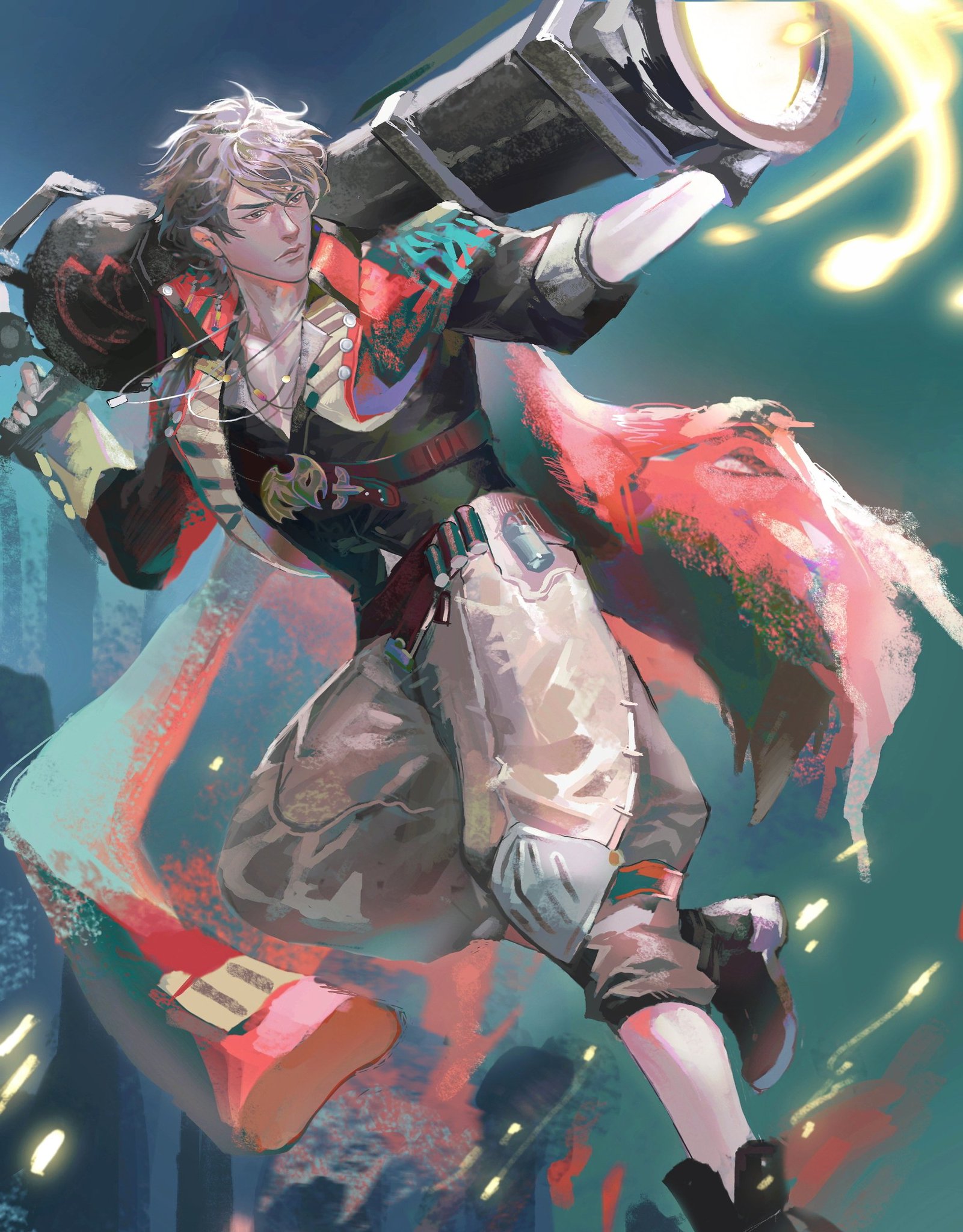 a digital drawing of an anime boy with blonde hair and a red, white, and blue outfit. he is holding a large cannon and wearing black gloves. he is facing the left of the image with a stern expression. the background is colorful and hazy.