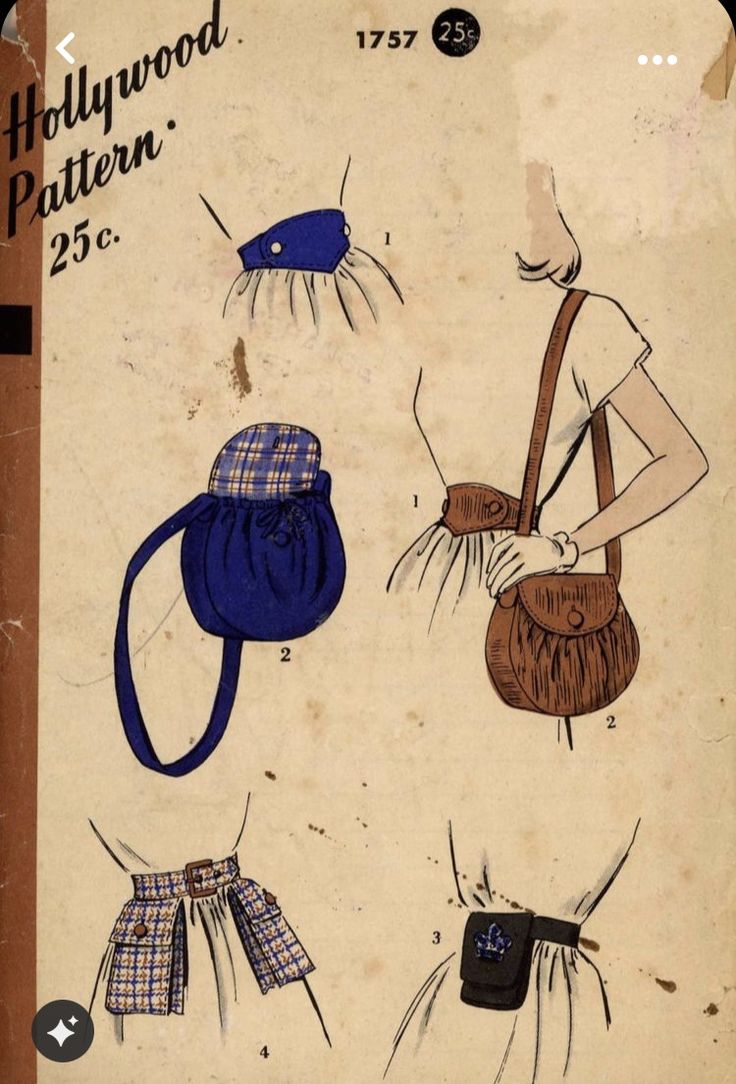this is an image of a vintage hollywood pattern for women's fashion accessories. the pattern envelope showcases various designs, including a drawstring purse with a plaid top, a leather shoulder bag worn with a wide belt, a belted skirt, a wrist cuff with buttons, and a small belt pouch. the pattern is labeled as hollywood pattern and priced at 25 cents. the overall style suggests a 1930s fashion aesthetic.