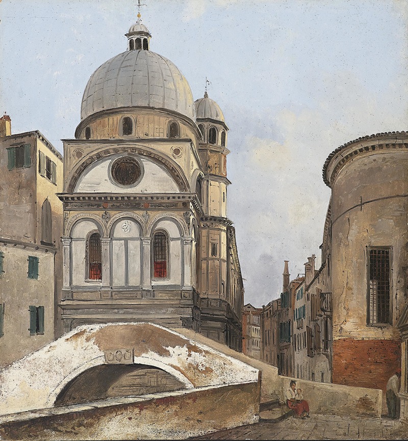 this is an image of a cityscape painting featuring a prominent building with a large dome, likely a church or cathedral. a bridge is in the foreground, and other buildings line the street behind it. people are depicted sitting or standing near the bridge, and the scene has a venetian feel.