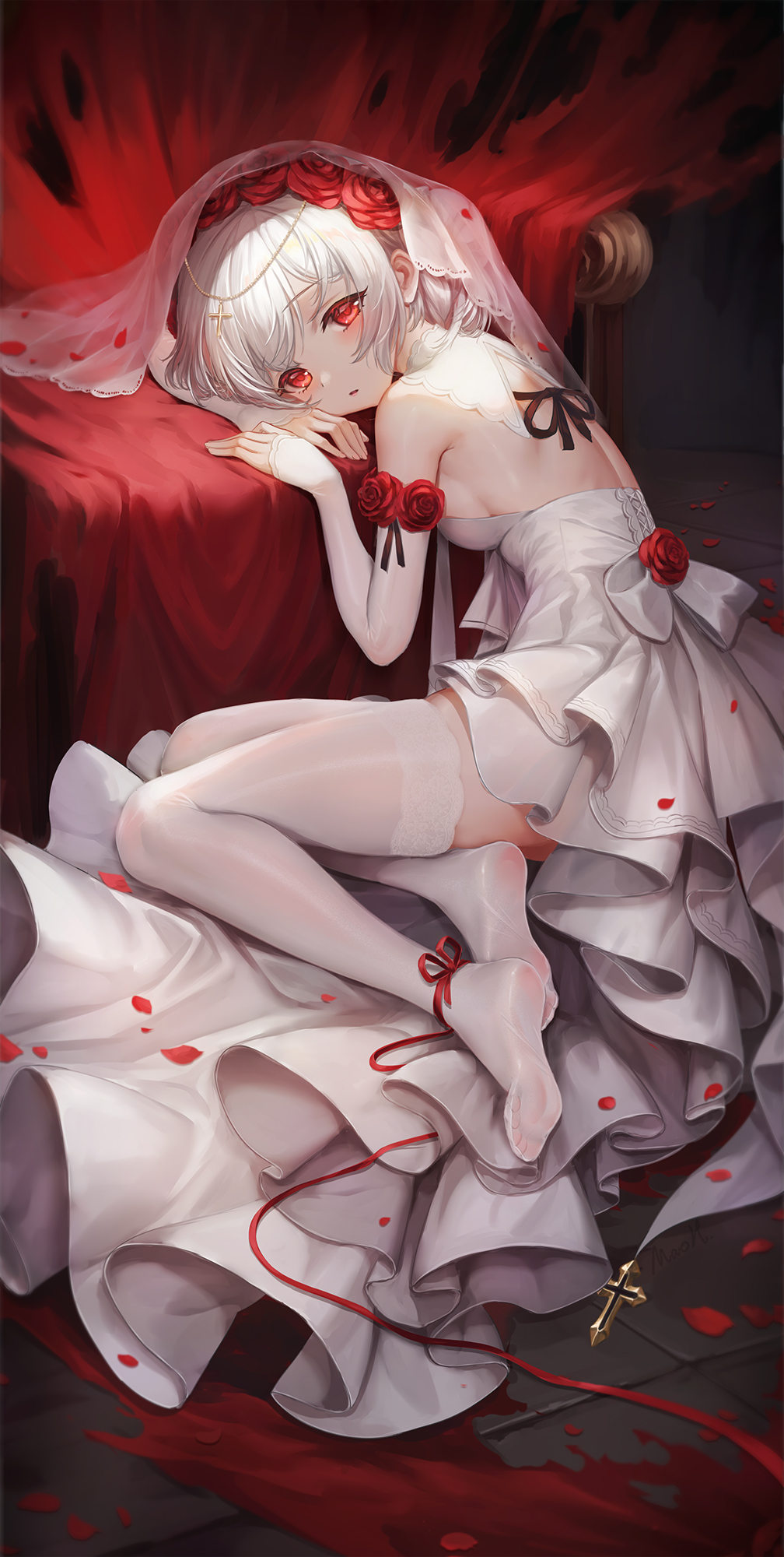 the image is a digital painting of an anime girl with white hair and red eyes, lying on a red fabric. she is wearing a white wedding dress with red roses and a veil.  bloodstains are visible on the fabric around her. she is wearing white stockings and her legs are slightly parted.  a small cross is visible on the floor near her. the overall style is gothic and elegant, with a feeling of sorrow or pain. the art style is highly detailed and realistic.