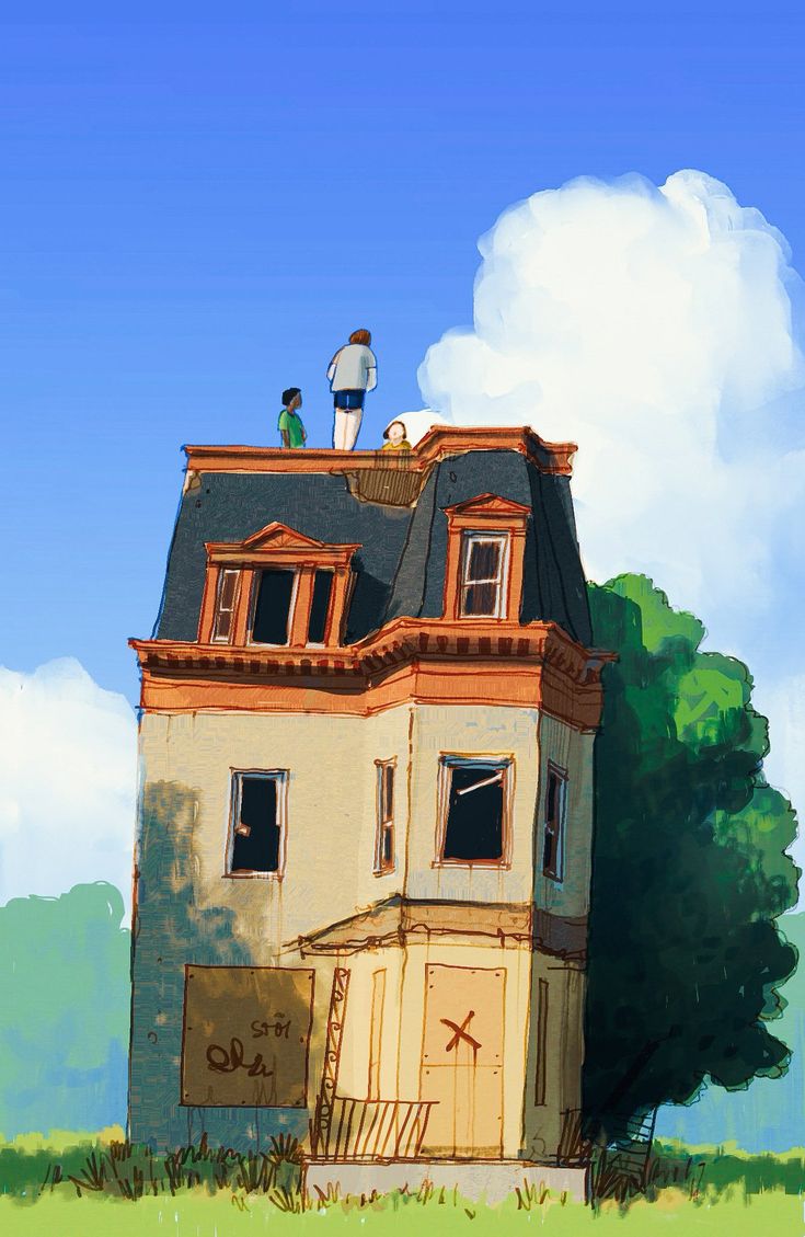 the image showcases an abandoned, slightly dilapidated victorianstyle house. three children are perched atop its roof, suggesting a playful act of adventure and exploration. the house, weathered and partially boarded up, stands as a symbol of faded glory and forgotten stories. a vibrant blue sky with fluffy white clouds provides a backdrop, hinting at a carefree summer day. the presence of lush green grass and a towering tree further emphasizes the natural setting. the overall atmosphere evokes a sense of nostalgia, childhood memories, and the allure of the unknown.