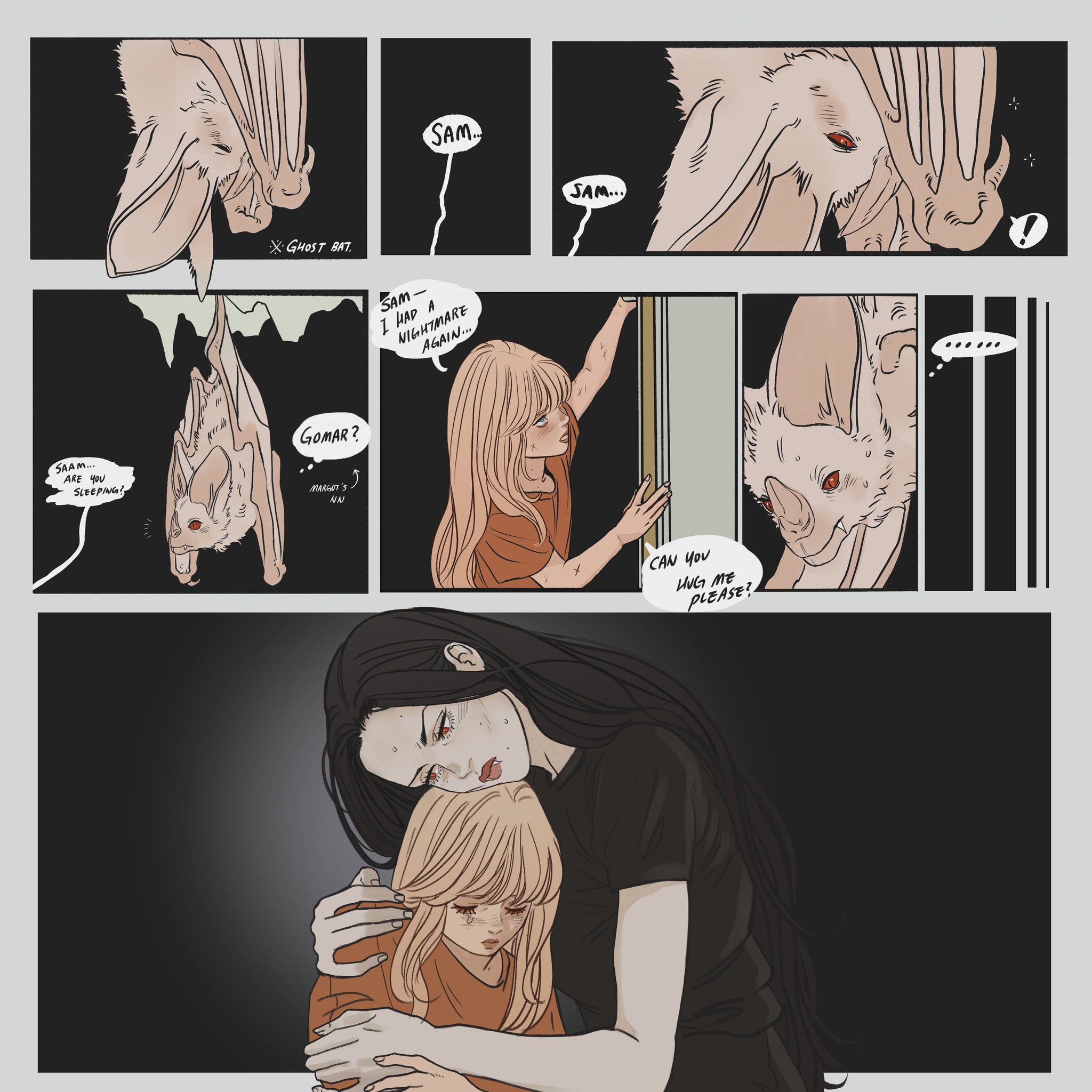 the image is a comic panel depicting a young girl, sam, who has had a nightmare. the panel shows a bat, labeled as "ghost bat," along with sam calling out to someone named "gomar." the girl is then seen asking for a hug, and the final panel depicts a mother figure embracing her daughter. the overall tone of the comic is comforting and supportive.