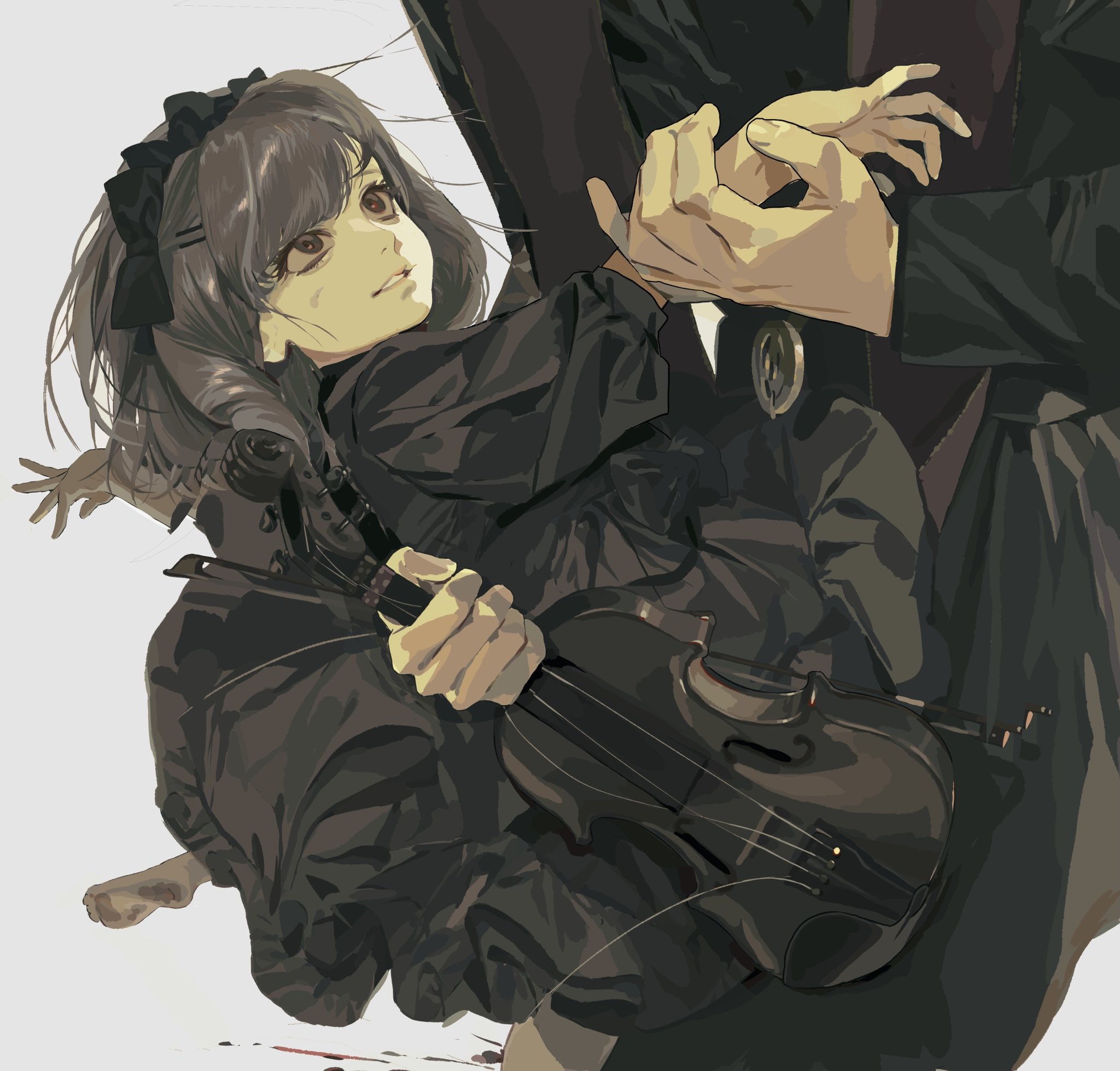 a girl in a black dress with a ribbon in her hair holds a violin while a hand seems to hold her wrist, with a serious and somber mood. the overall color palette is dark and muted.