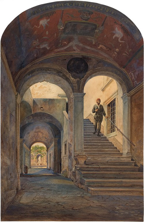 the painting depicts a view through a series of archways into an italian courtyard. a man is descending the stairs that lead up to the right. the vaulted ceilings are decorated with frescoes. a courtyard with a statue is visible in the distance.