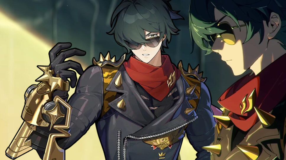 he image showcases a detailed closeup of a male character from the popular video game genshin impact.  the character is depicted in a stylish, edgy outfit that includes a dark leather jacket adorned with gold spikes, a vibrant red scarf, and a striking gold mechanical arm. he wears sunglasses, adding to his cool demeanor.  the artistic style is consistent with the anime aesthetic of genshin impact, showing vibrant colors and sharp linework.  a partial view of another character, seemingly a variant or alternate version of the same individual, is visible in the background.  the overall impression is one of dynamic action and intriguing character design.