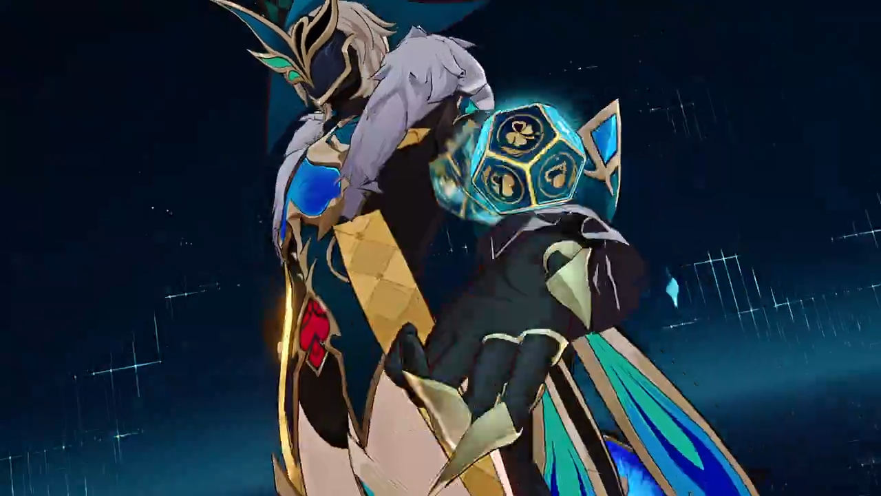 an animated character wearing armor is holding a glowing blue weapon with a sharp blade, with a glowing blue cube on the side. the character is surrounded by blue and black textures.  the character is possibly from a video game or anime.