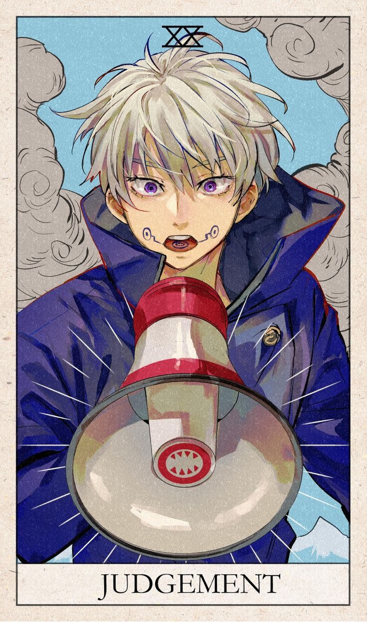 the image is a digital illustration in the style of anime or manga, depicting a young man with short white hair and purple eyes. he is wearing a blue jacket and is holding a megaphone to his mouth, seemingly about to make an announcement. the background features stylized clouds and a sky.  the image is framed as if it's a tarot card, with "judgement" written at the bottom and the roman numeral "xx" at the top.  the overall aesthetic is mystical and dramatic.