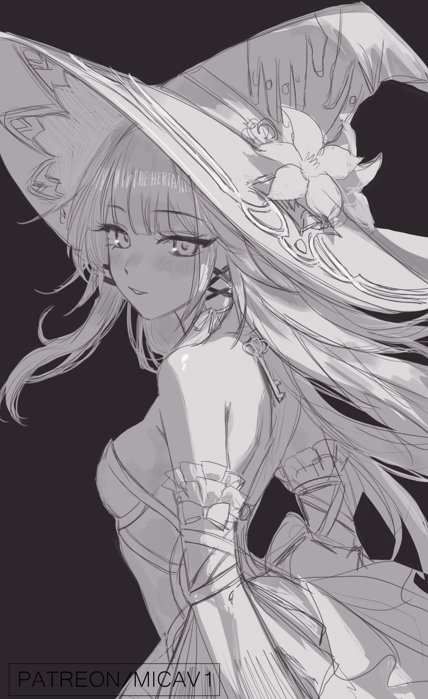 a grayscale digital drawing of an animestyle girl. she has long, flowing white hair and is wearing a large, ornate witch's hat adorned with a flower. her dress is long and flowing.  the style is a sketch or line art, with shading to suggest form and volume. the artist's patreon information is visible in the bottom left corner. the overall mood is elegant and whimsical.