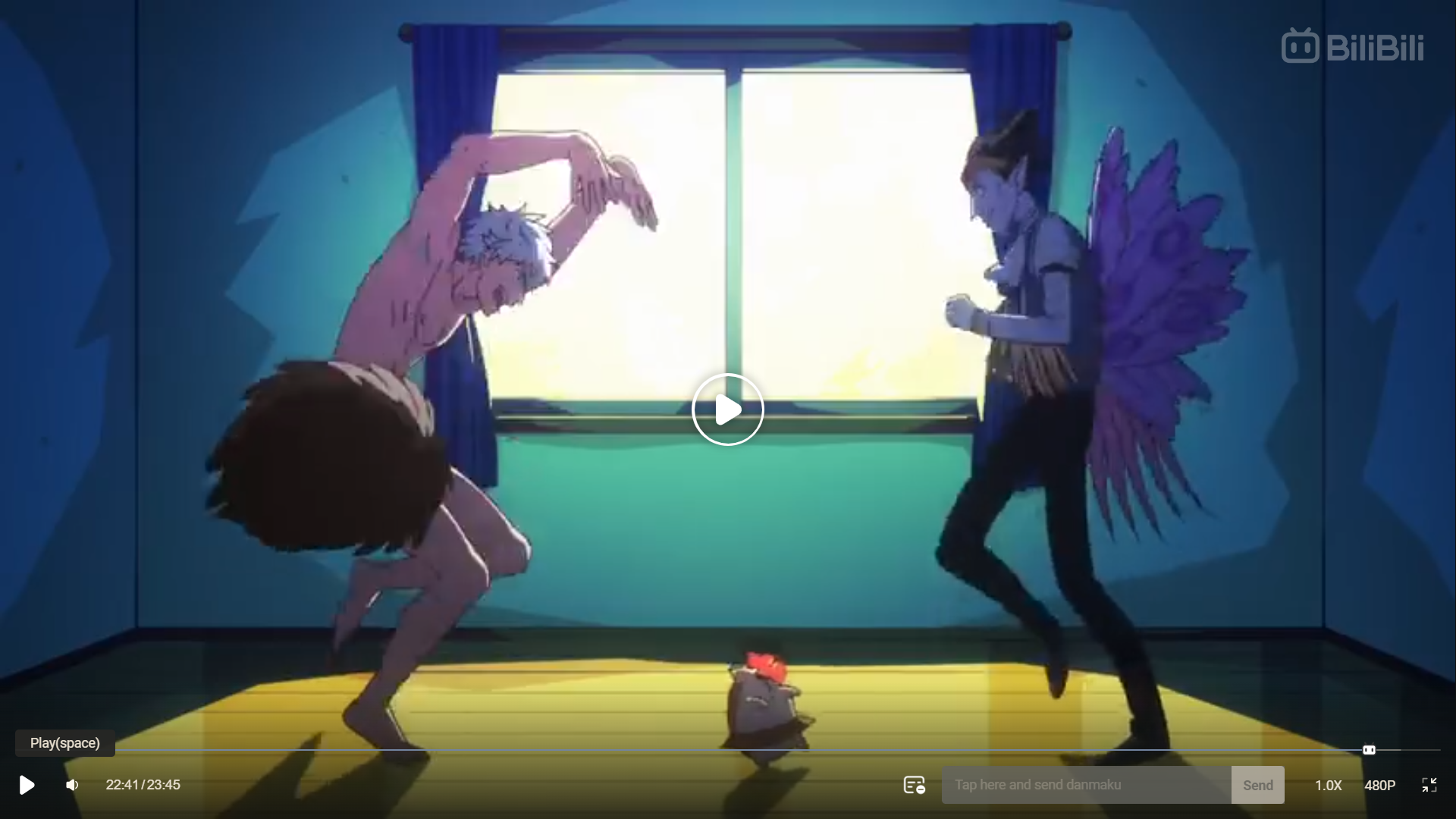 two shirtless, cartoon men are dancing in a brightly lit room. one man is dressed like a satyr with brown fur around his waist and the other has purple fairy wings. they are facing each other with their arms raised above their heads and knees bent. a small tan creature sits on the floor between them.```