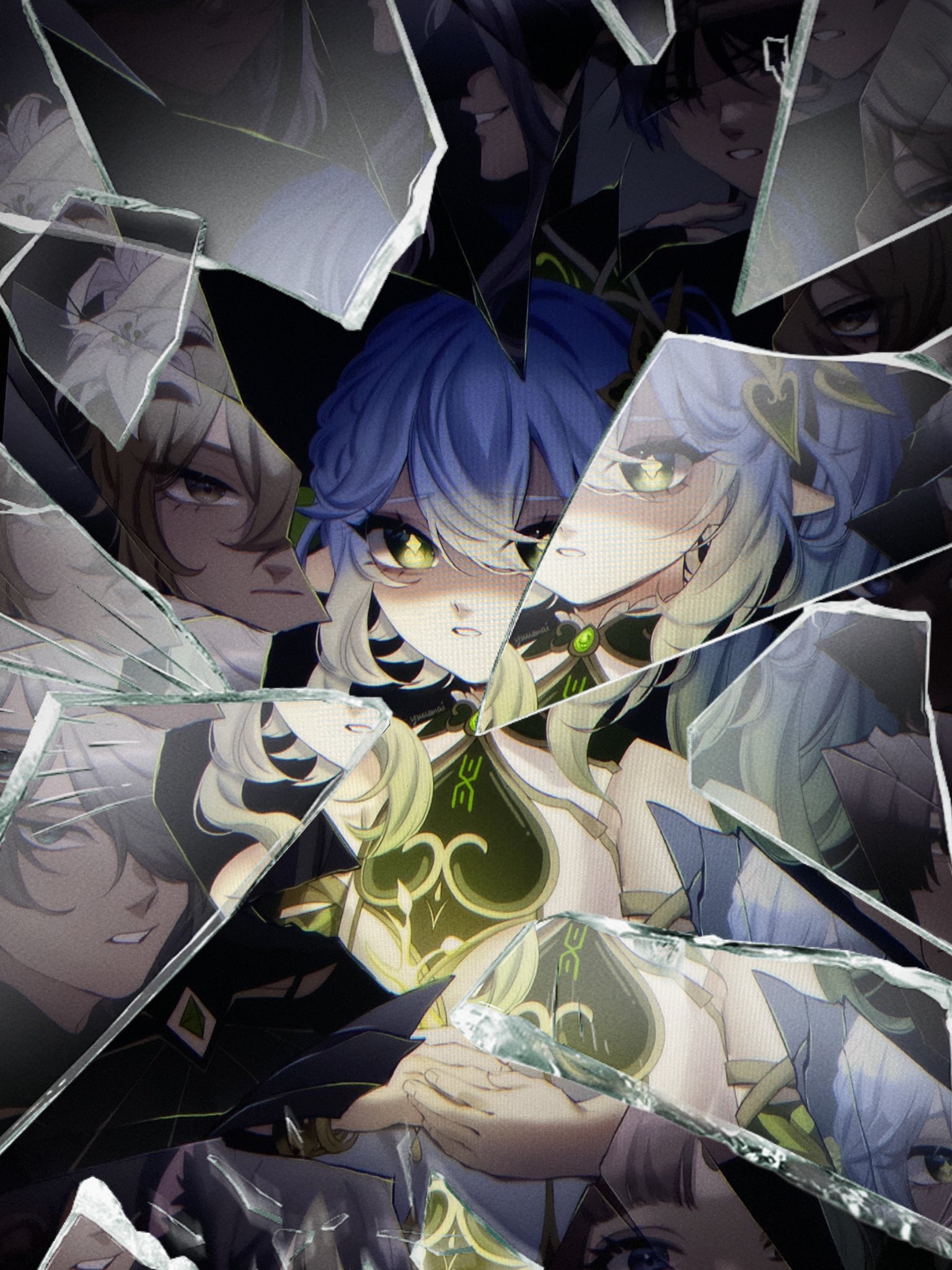 the image depicts a shattered glass with reflections of multiple anime characters. the main character is a young woman with blue hair and yellow eyes, she is dressed in a green outfit and her eyes are closed. the woman appears to be hurt, sad, and grieving. there are other characters reflected in the glass, including a young man with white hair and purple eyes, as well as another woman with pink hair. the shattered glass symbolizes the brokenness and pain of the characters. the colors of the image are muted, and the overall tone is somber.