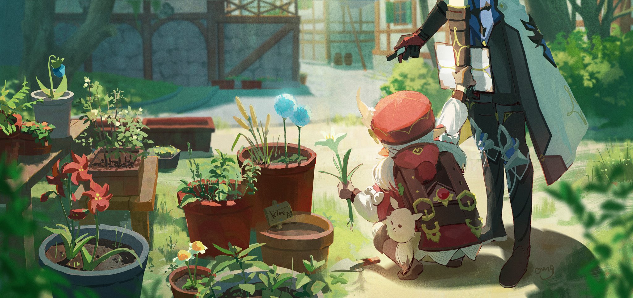 the image is a beautiful piece of fanart depicting klee and albedo from the popular game genshin impact.  it's rendered in a painterly digital art style, with soft lighting and attention to detail in the characters and the surrounding environment. klee, a small childlike character, is tending to a garden filled with various plants in terracotta pots. albedo, a taller figure, is standing nearby, possibly observing or assisting klee. the setting appears to be a charming village or town, adding to the peaceful and idyllic atmosphere of the scene. the overall tone is gentle and heartwarming, focusing on the interaction between the two characters in a picturesque garden setting.