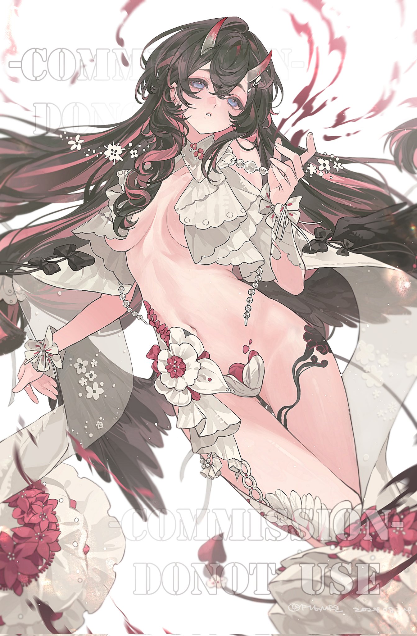 an animestyle illustration of a paleskinned demon girl with black hair highlighted with red accents, small red horns, and lavender eyes. she is wearing a revealing white dress adorned with ruffles, flowers, and beads. she poses gracefully amidst a scattering of petals and an ethereal background. the illustration has a delicate and suggestive quality.