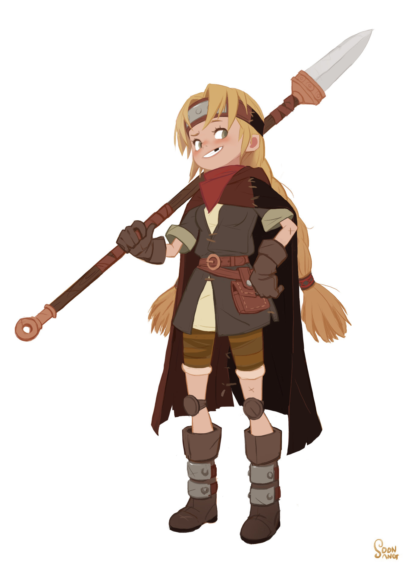 the image shows a digital illustration of a young female character armed with a spear. she is dressed in fantasy warrior attire, with a tunic, leggings, and leather accessories. she has blonde hair, and a determined expression on her face. the background is a plain white, making the character the central focus of the image.
