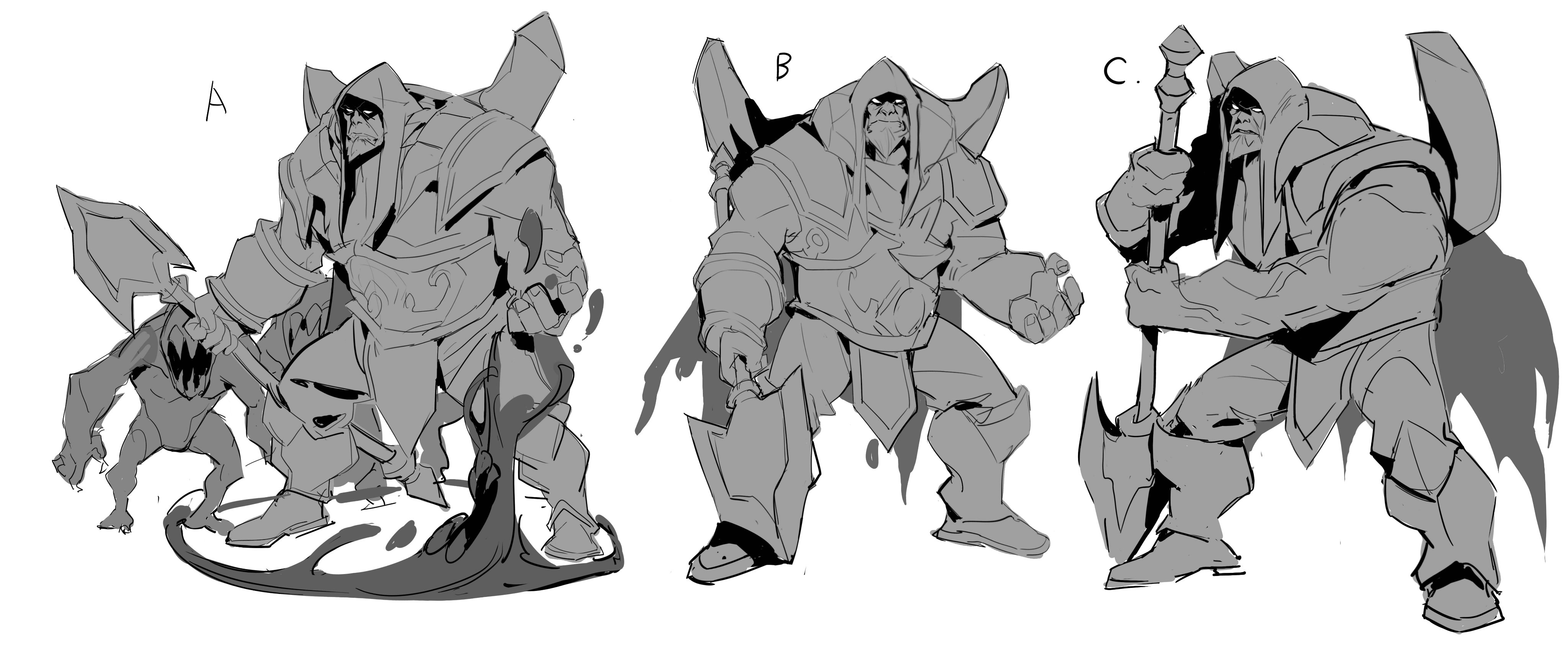 the image presents three grayscale concept art sketches of a large, muscular fantasy warrior character. each sketch showcases different poses and weapon choices: a: shows the warrior with a large axe, alongside a smaller demonic or beastlike creature. the warrior appears to be stepping on or subduing the smaller being. b: displays the warrior in a more assertive stance, holding a large sword or blade. this sketch focuses on the character's powerful build and armour. c: depicts the warrior holding a halberd, ready for battle. this pose emphasizes the warrior's strength and the weapon's size.all three designs maintain a consistent hooded, armored aesthetic and share a dark and intimidating tone. the overall style is rough and dynamic, characteristic of concept sketches used in game development or illustration.