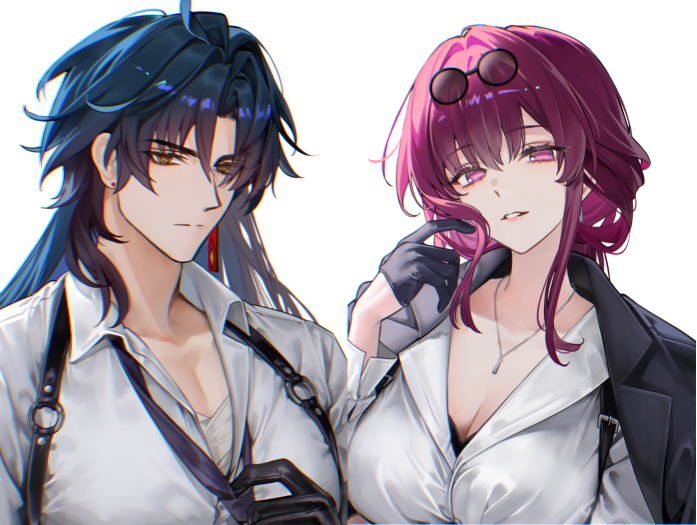 the image is a digital illustration in anime style depicting a young man and woman.  the woman has long, vibrant pinkpurple hair, is wearing sunglasses, black gloves, and a white shirt underneath a dark gray blazer. she has a slightly mischievous, coquettish expression. the man has long, dark blue hair and is wearing a white, opencollared shirt with suspenders/straps. his expression is more serious and reserved. both characters are shown from the chest up, close together, against a white background. the art style is highly detailed, focusing on the characters' features and clothing. the overall aesthetic is elegant and somewhat mysterious.