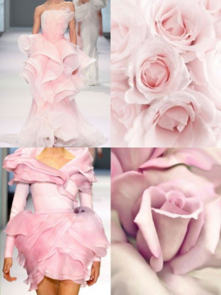 a collage of four images featuring different models wearing pink ruffled dresses, alluding to the theme of femininity and floral elegance. the images are arranged in a grid format, with a closeup of a pink rose taking up the entire right side. the models are wearing dresses that are reminiscent of a rose's delicate petals, creating a harmonious connection between the fashion and the flower.