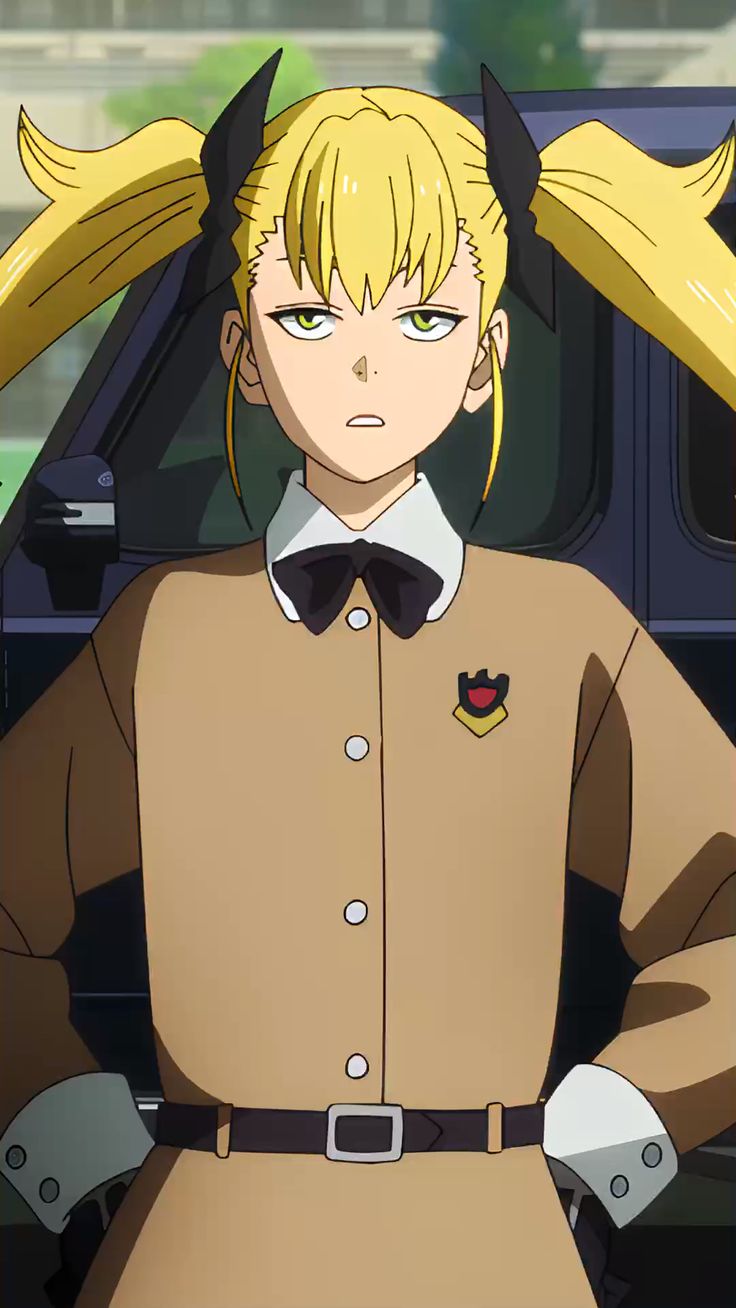 a female anime character with blonde hair and a black and white school uniform is standing in front of a car with a serious look on her face.