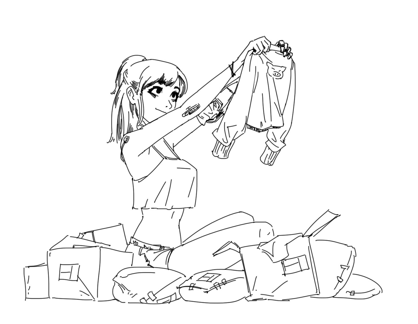 the image is a black and white line drawing of a young animestyle woman sitting on the floor surrounded by boxes and bags. she is holding up a sweater with a pig design on it.  the style is loose and sketchy, with a focus on expressive lines and character design rather than precise detail.  the overall impression is one of casualness and perhaps the process of unpacking or moving.