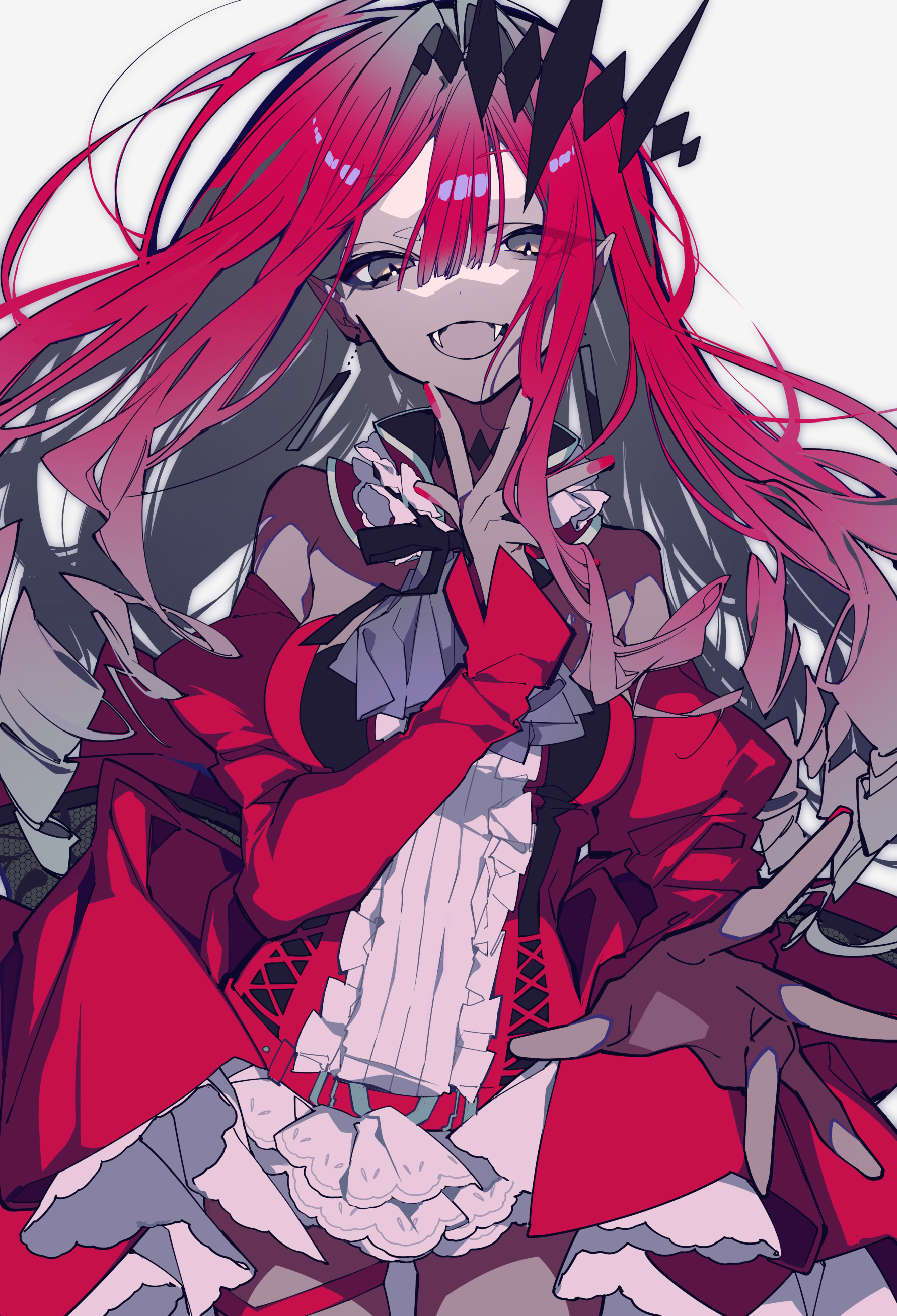 a fullbody illustration of an animestyle girl with light gray skin, long, flowing red hair, and a dark crown. she has vampire fangs and is wearing a red gothicstyle dress with frills, lace, a bow, and a choker. she also wears red gloves with long sleeves. she is making hand gestures. the background is white.