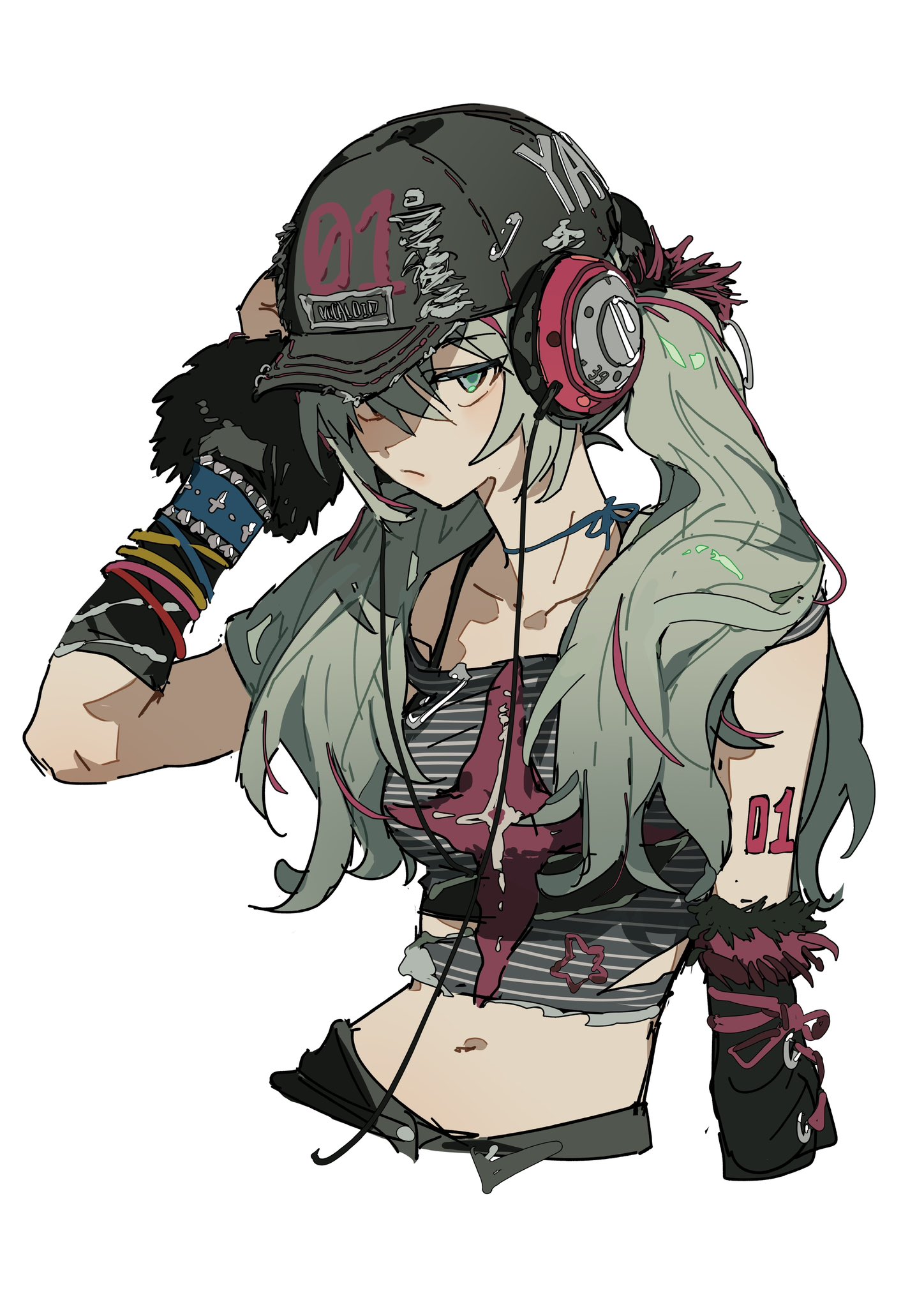 a drawing of an anime girl with gray hair wearing a hat and headphones. she is wearing a striped shirt that shows her belly. she has "01" on her hat and arm. she is wearing a choker, wristbands, gloves and she has ponytails.