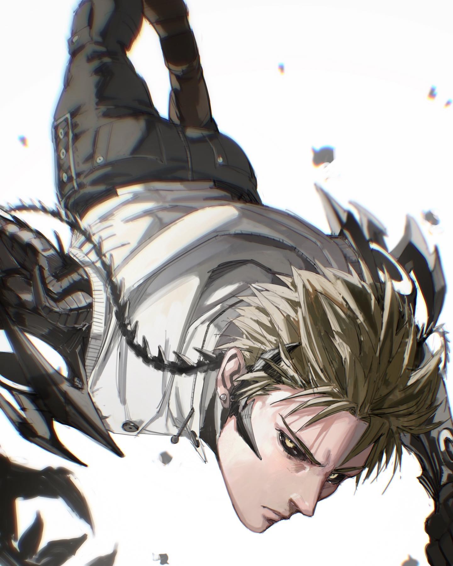 the image depicts a male anime character with blonde hair and piercing eyes, positioned in a dynamic and actionpacked pose. he appears to be a cyborg, with mechanical enhancements visible on his arm. the character's expression is intense and determined, hinting at a powerful and possibly dangerous personality. the art style is digital and highly detailed, with a sense of energy and movement. the background is a simple white, allowing the character to be the sole focus. the overall impression is one of strength, action, and a captivating story waiting to be told.