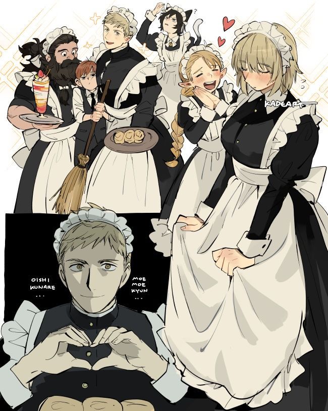 the image is a vibrant digital drawing or fanart depicting a group of diverse characters, predominantly male and female, dressed in maid outfits.  the style is anime/mangainspired, characterized by large eyes and expressive features. the characters are displayed in a dynamic arrangement, some holding food items like pastries and a milkshake. one character is prominently featured in the bottom, making a heart shape with their hands. there are various background elements that suggest a whimsical, playful atmosphere. the overall aesthetic is cute and kawaii, with hearts and sparkling effects added to emphasize the lightheartedness.  the piece appears to be a cohesive and carefully composed piece of fan art.