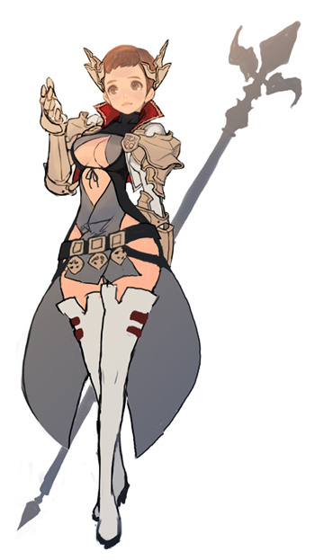 this is a digital illustration of an animestyle female warrior character. she's standing with her left leg forward in an action pose. she's wearing ornate armor with a grey cloak and a large spear weapon. she has short brown hair and large brown eyes. she's looking to the left of the image. the art style is detailed and expressive.