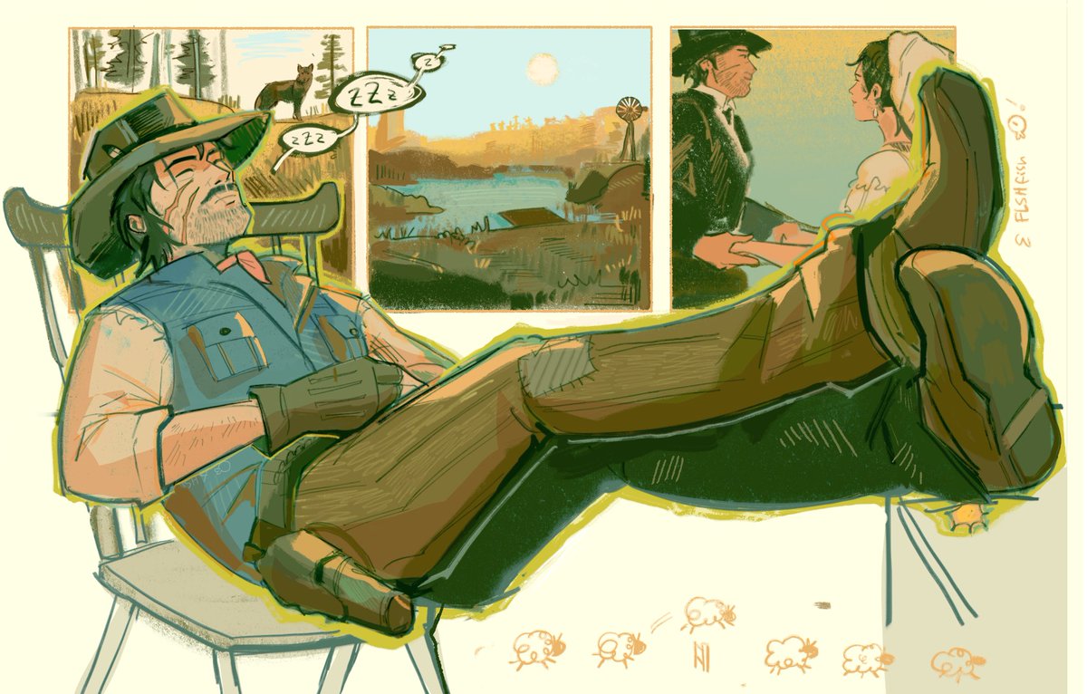 a cartoon cowboy is sitting in a chair, with his boots up, fast asleep. he is dreaming of sheep, clouds and a beautiful landscape. it is a cute and funny illustration with a western theme.