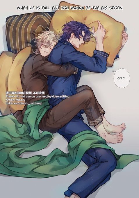 the image is a digital drawing or fanart depicting two animestyle boys cuddling in bed. the taller one is lying on his side with his arm around the shorter one who is spooning him from behind. the shorter boy has blonde hair, while the taller one has dark purple hair.  the scene is intimate and peaceful, suggesting a close relationship between them. a speech bubble next to the taller boy reads "cold...", hinting at a temperature difference or a feeling of coldness.  the overall style is soft and romantic.  the artwork includes a text disclaimer about usage rights.