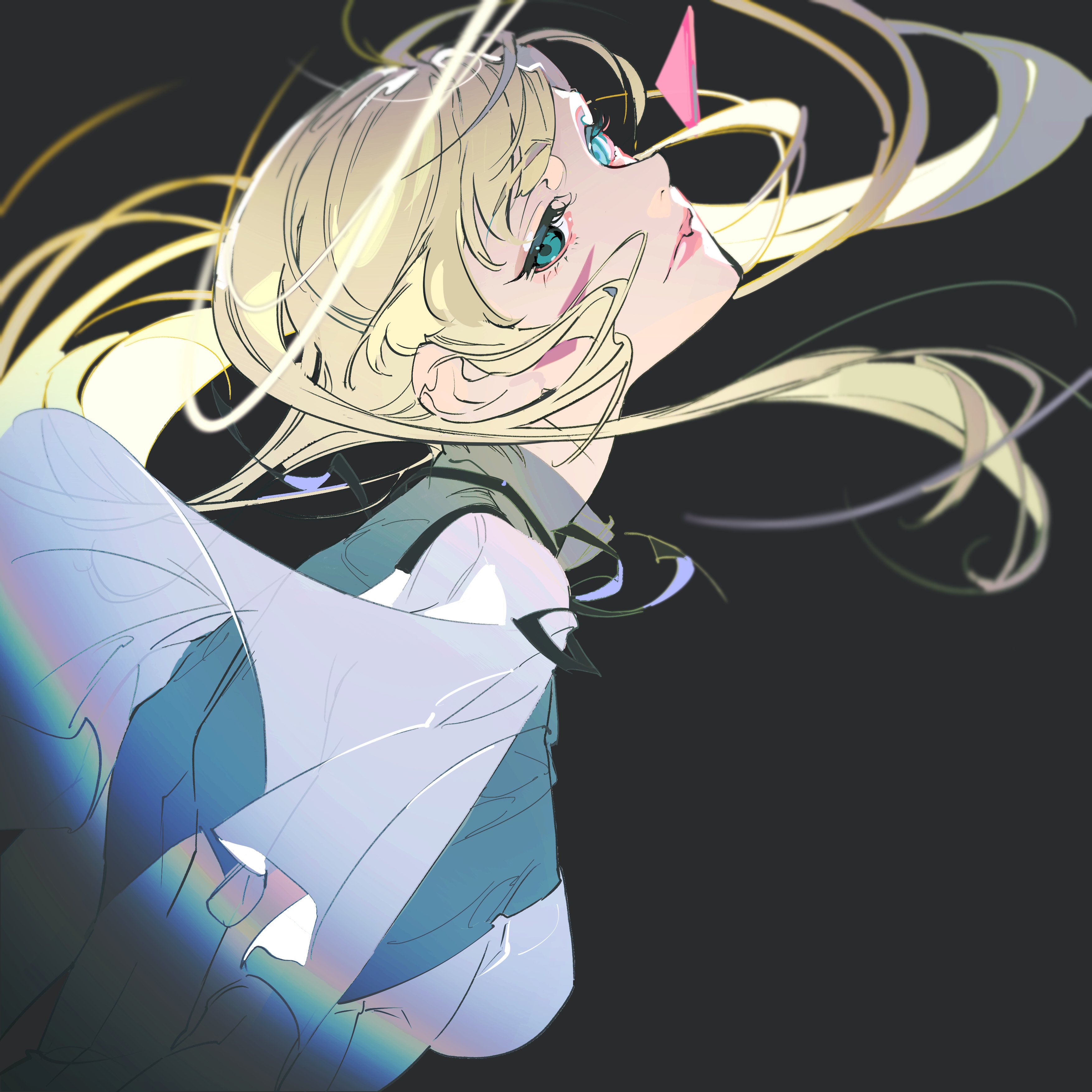 this is a digital illustration of a blonde anime girl with blue eyes, she is wearing a white and blue dress. her hair is blowing in the wind, creating abstract lines. the background is dark and there is a rainbow in the bottom left corner. the art style is very detailed and beautiful.