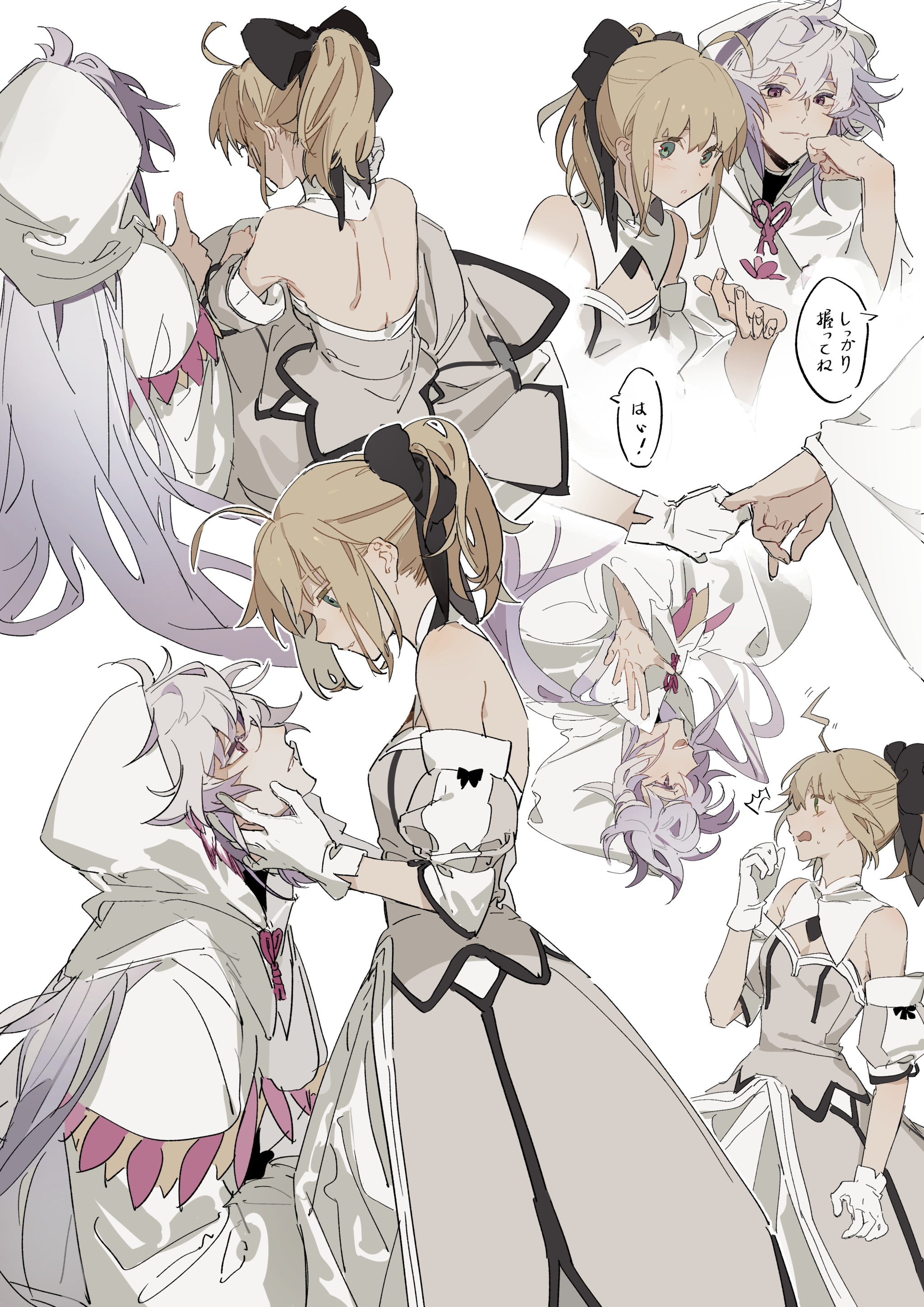 the image is a digital fan art illustration featuring animestyle drawings of characters from the fate/grand order series, specifically mash kyrielight, merlin, and saber (artoria pendragon). the art is composed of multiple smaller scenes or poses of the characters interacting, all rendered in a consistent soft color palette with a focus on gray, white, and neutral tones. the characters are depicted in formal attire, likely wedding dresses or gowns. merlin is often shown wearing his signature hooded cloak.