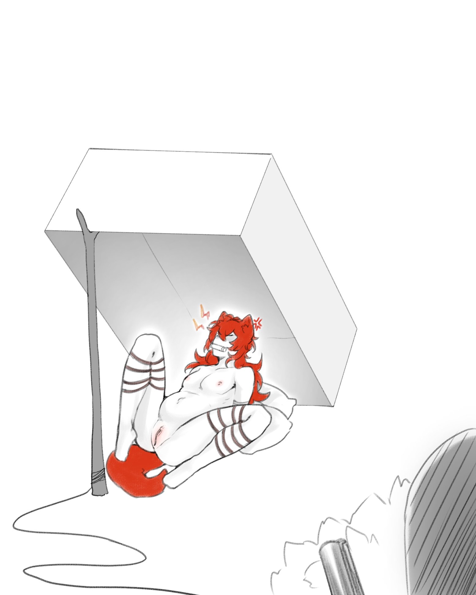 he image depicts an animestyle furry girl with red hair and stockings trapped under a large white box.  her expression is angry or frustrated, and the pose is suggestive and implies a sexual context. the overall style is sketchy and somewhat rough, with a focus on the girl's predicament. the scene is suggestive and potentially nsfw.