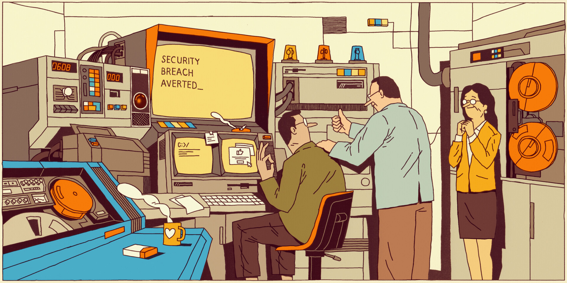 this is an illustration of a network server room where multiple people are working. there is a man in an olive green shirt in front of a computer. a man in a white shirt is thumbs up.  there is another man in a blue shirt and a woman in a yellow jacket standing in the background.  the computer screen shows "security breach averted".
