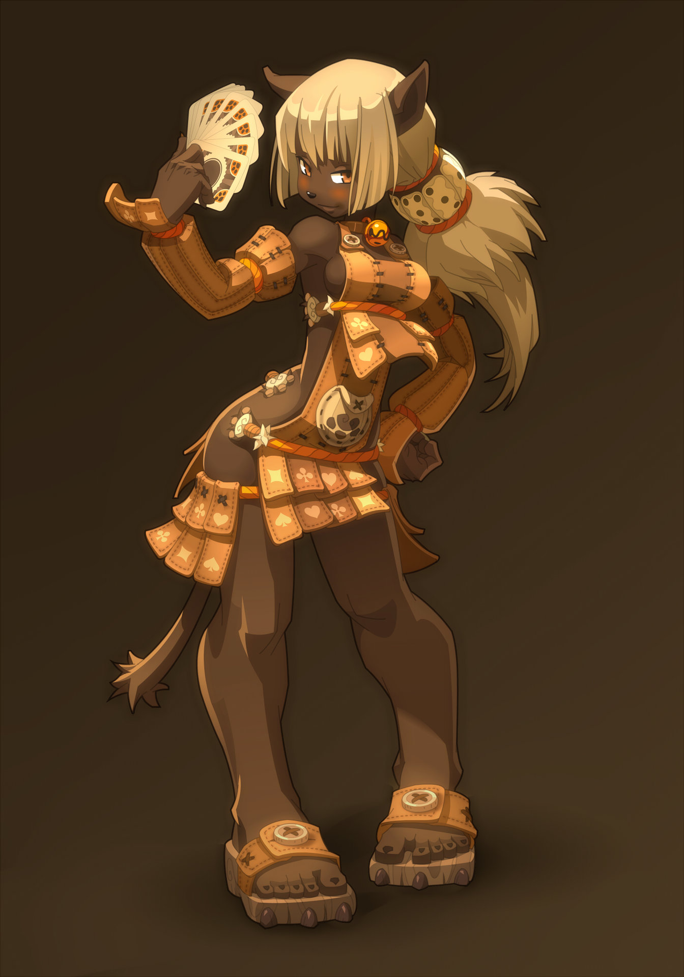 a female cartoon character with fur, ears, and a tail, holding a fan of playing cards, in a yellow and brown outfit with sandals, standing on a brown background.