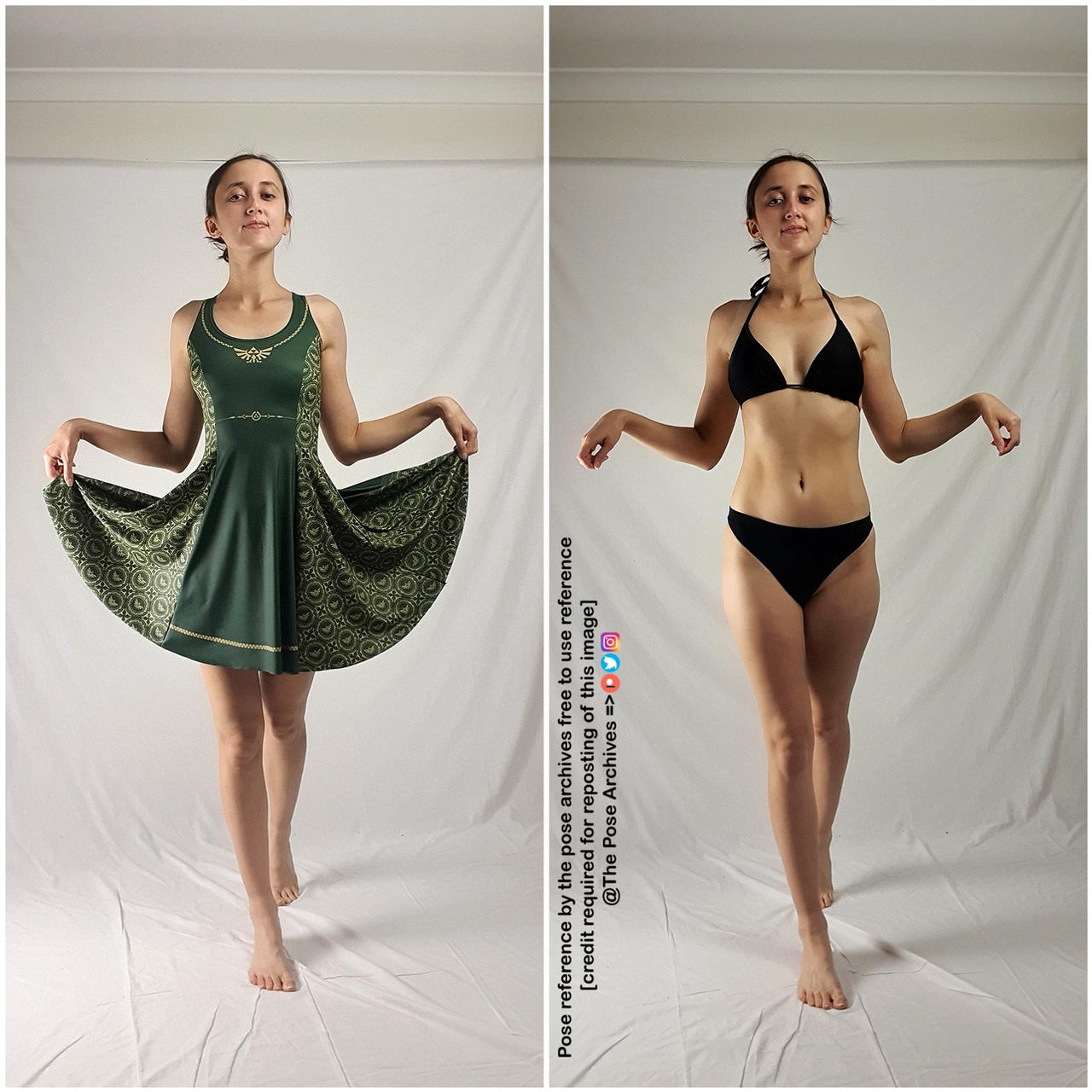 the image features a young woman in two different outfits, showcasing a standing pose. on the left, she wears a green dress with a pattern, while on the right, she wears a black bikini. the background is a plain white wall in both images, indicating a studio setting. the lighting is artificial, illuminating the subject evenly. the perspective is at eye level, offering a clear view of the pose and outfits.