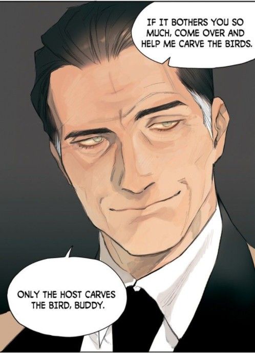 loseup portrait of a man in a suit and tie. he has a serious expression on his face. speech bubbles with dialogue are present. the text in the speech bubbles is related to carving birds, and the man's response indicates that only the host is responsible for this task. the art style is sophisticated and detailed, with soft shading and subtle use of color.