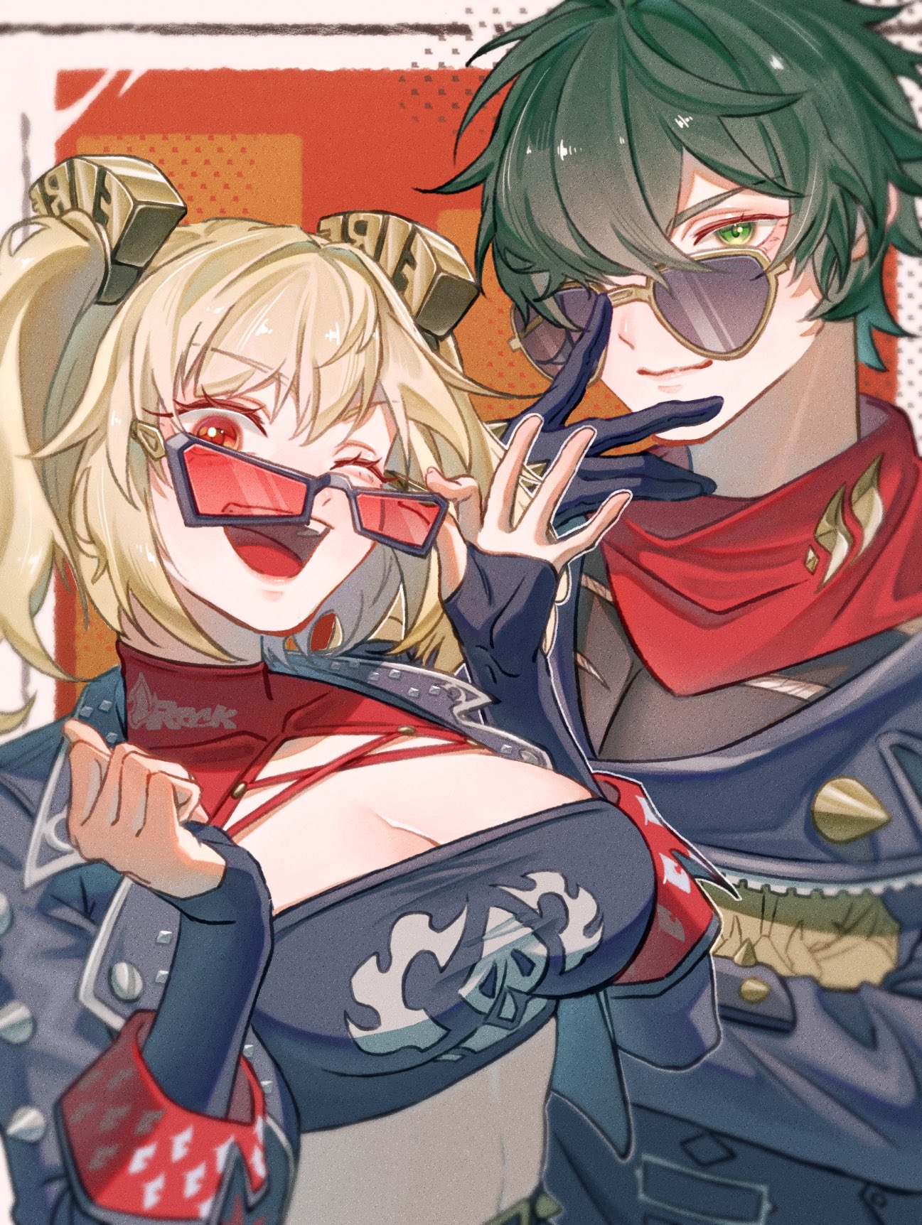 the image is a vibrant digital fanart depicting a stylized anime couple. the female character has blonde hair styled in twintails with ornate hair clips, redtinted sunglasses, and a punkrock outfit including a red choker and a darkblue top with white flamelike designs. she is playfully adjusting her sunglasses. the male character, with dark green hair and aviator sunglasses, wears a dark jacket and red bandana. he is slightly behind the female character, also wearing sunglasses and striking a cool pose.  the background is a blurred orange and red, suggesting a comic book style. the overall style is expressive and leans towards a trendy anime aesthetic. the characters' expressions and poses suggest a close and playful relationship, possibly hinting at a romantic connection. the art style is detailed, with attention paid to the character's clothing and accessories.  the image strongly suggests a fan interpretation of characters potentially from a game like genshin impact (judging from the art style and character designs), though that is not confirmed.