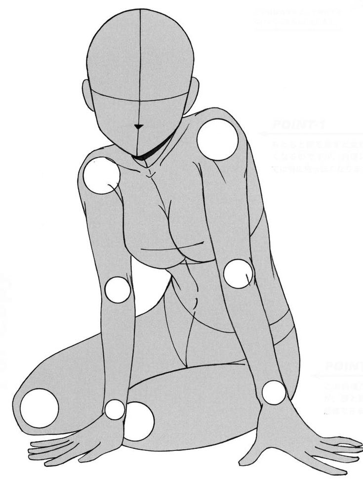 a drawing of an anime female figure in a crouching pose, with circles for the joints, perfect for artists who want to create their own anime characters.