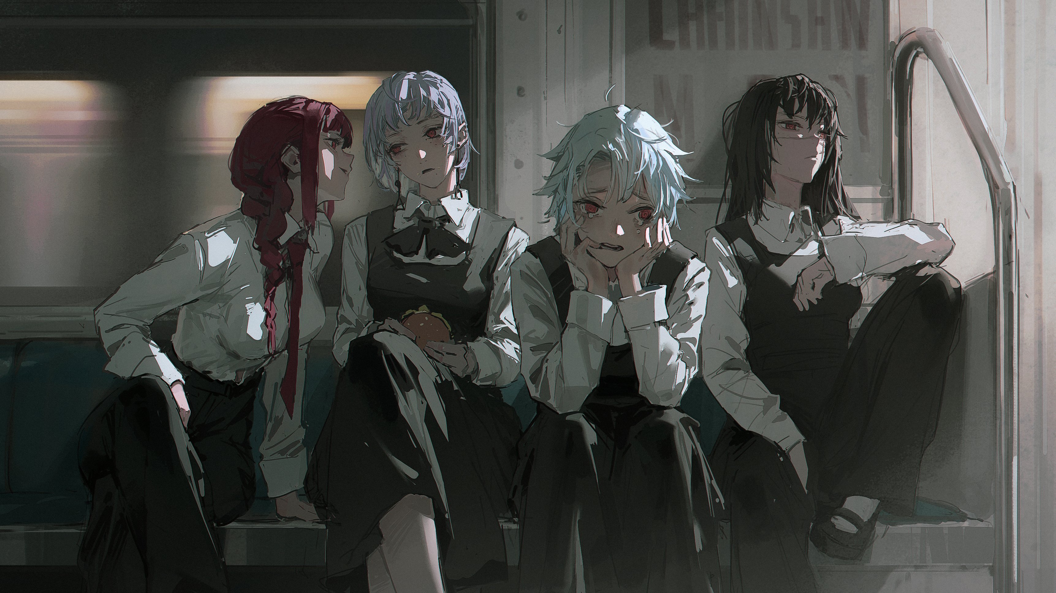 the image shows four female characters in an anime style, all wearing school uniforms, sitting inside what appears to be a train car. they have varying hair colors and styles. the character on the right side is leaning against a railing. the middle two girls seem melancholic or sad. one of the girls in the middle is holding some kind of hamburger, maybe a patty with bread. overall, the image depicts a somber mood, potentially reflecting the characters' emotions or the atmosphere of the scene.